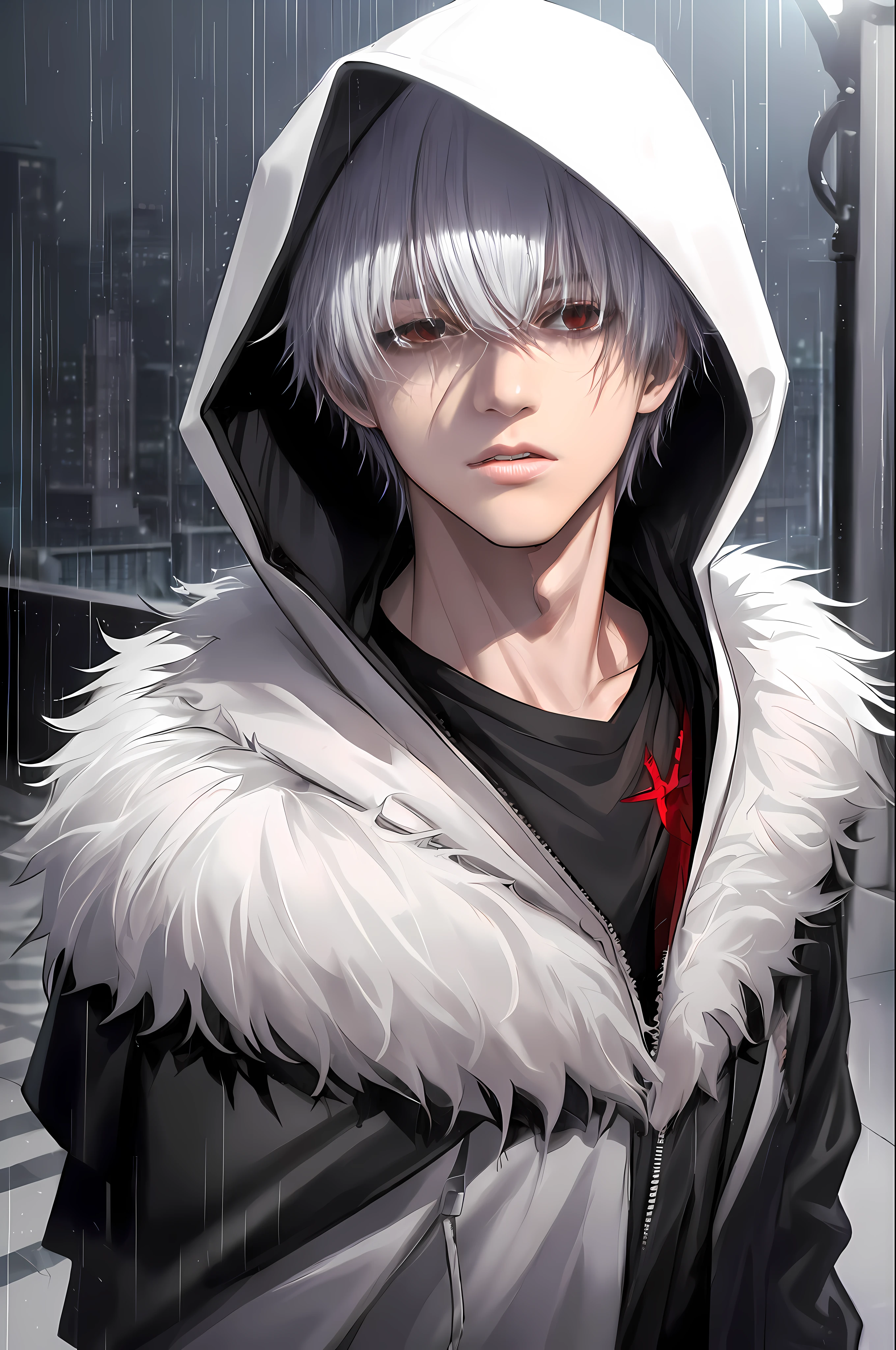 kk, best quality, more details, masterpiece, 1boy, kaneki ken, portrait, male focus, red eyes, solo, bangs, looking at viewer, hood, short hair, rain, tokyo tokyo \(city\), hood up, nail polish, white hair, luxurious, 8k, detailed, ray tracing, depth of field, cinematic lighting,