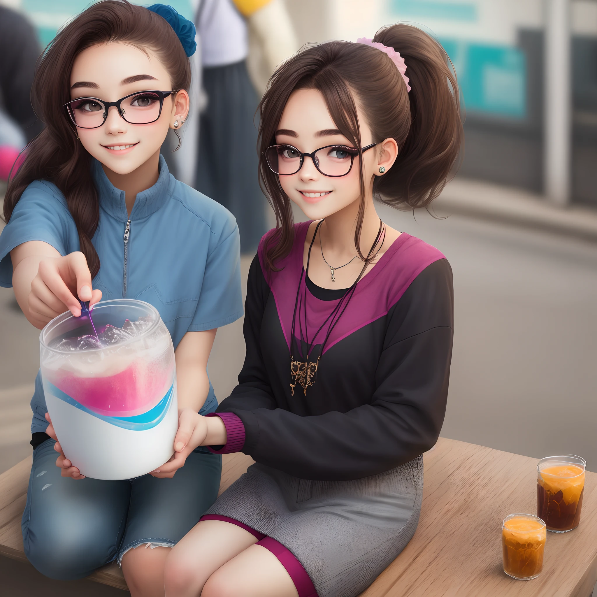 High ponytail，brunette color hair，hair adornments，teens girl，ssmile，eye glass