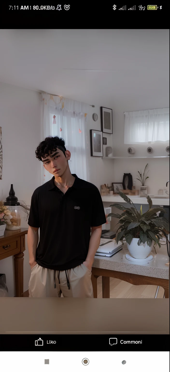 anime, same background, amazing lightings, man wearing black polo shirt, curly hair.