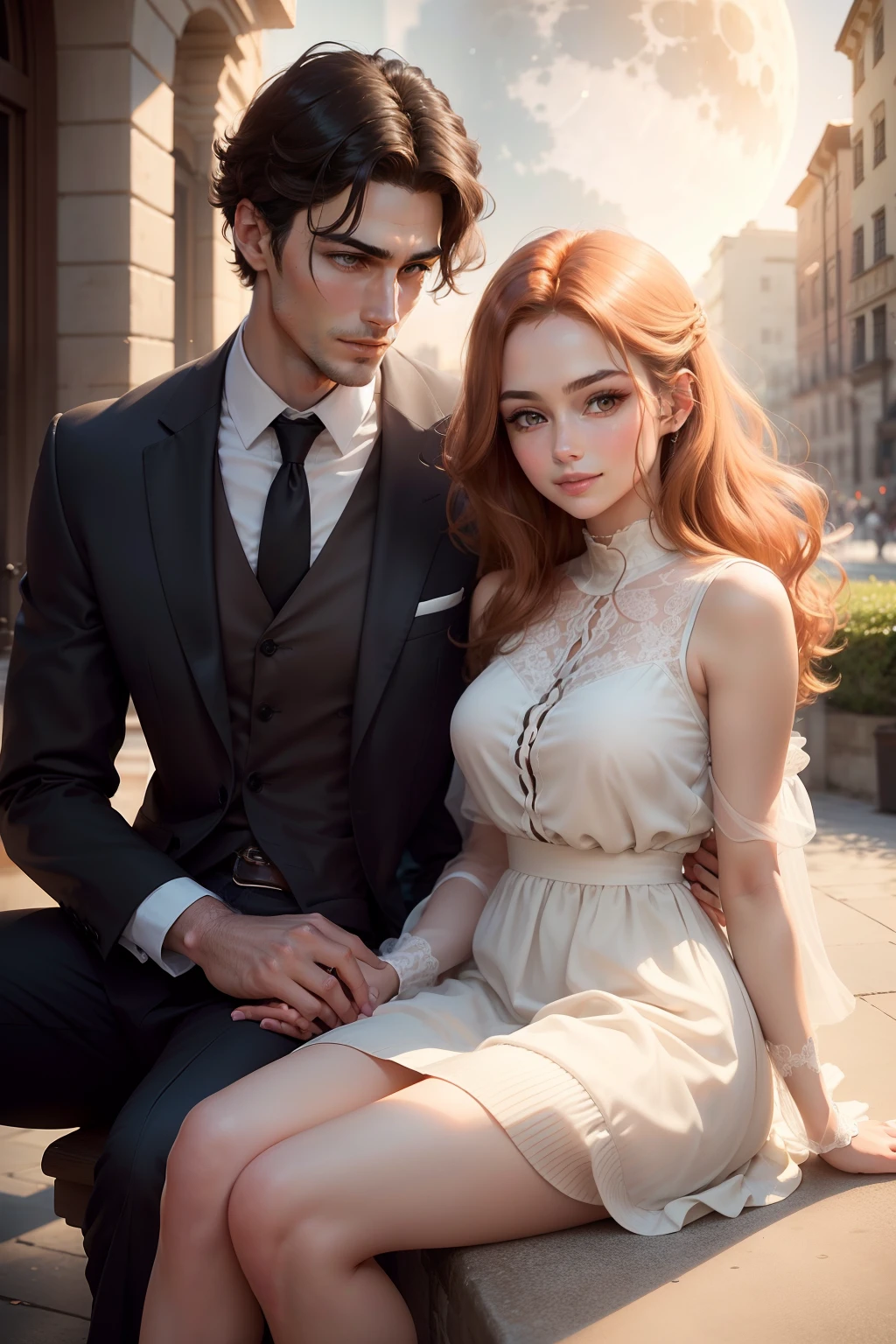 A couple of lovers A Woman, reddish golden hair of impressive beauty, beautiful big eyes, light brown, face with fine and delicate features, gentle and serene smile, various poses and angles, slender body, wearing classic and modern style dress, cheerful clothes, cheerful, happy, smiling, view from afar, looking to the side, sitting in a square, square seen from afar, A tall man, short wavy dark hair, light brown eyes, penetrating gaze , face with defined features arched eyebrows plump lips, gaze seductive, serene smile and sad strong body, dresses in a simple and elegant way. various poses, full body, front, side, in a city, in a square sitting on a bench, scenery, moon, moonlight, night, midnight charm