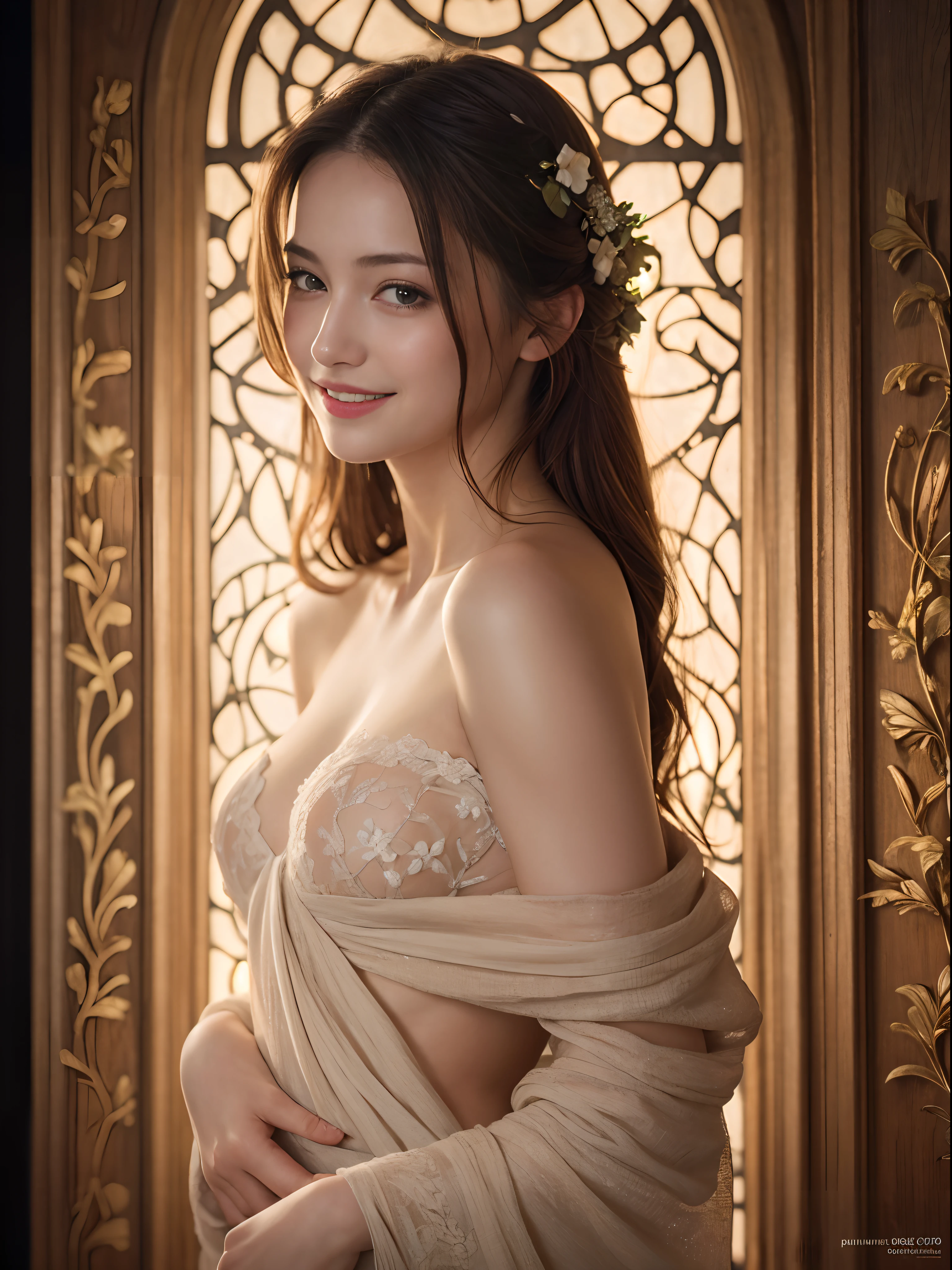Best quality, masterpiece, ultra high res, (photorealistic:1.4), raw photo, 1girl, offshoulder, in the dark, deep shadow, low key, cold light, upper body naked, smile, art nouveau, flowers