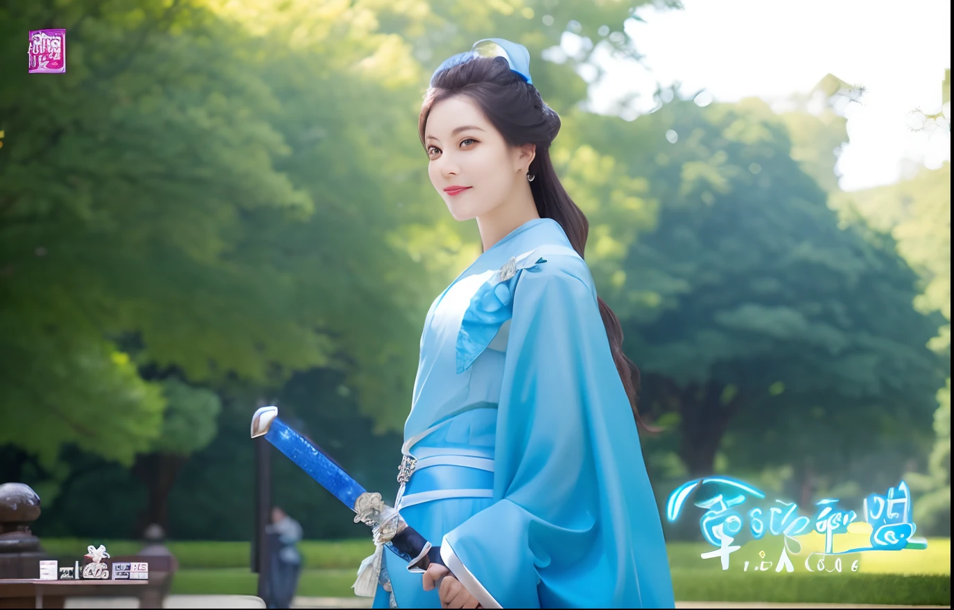 a smile、Woman in blue dress holding sword in park,