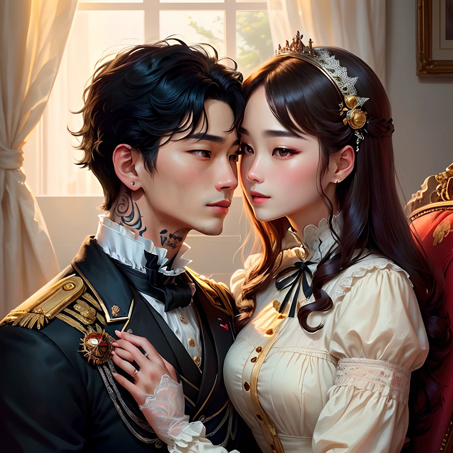 a rebellious south korea prince has neck-length black hair tattoos the south korea princess is a very beautiful best quality, excellent illustration, couple kissing, soft focus, 1 boy with black hair, red eyes, 1 girl with brown hair, brown eyes, Victorian clothes, Victorian romanticism, opulent and refined surroundings, soft light and warm lighting.