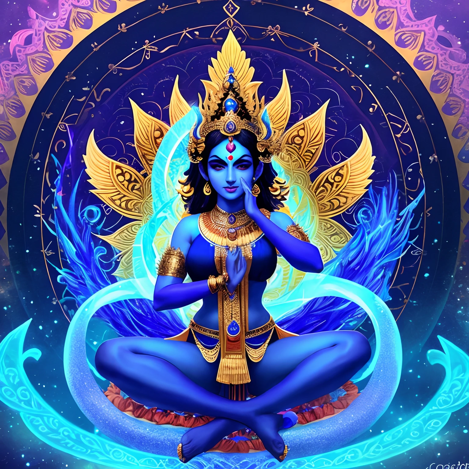 Deusa Kali, deusa hindu, Kali, corpo bonito, corpo feminino, rosto bonito, corpo detalhado, rosto detalhado, Six arms, deusa Kali meditando no universo, universo detalhado, universo colorido, OM symbol, corpor azul, BLUE body, corpo detalhado, Character away from the camera, terceiro olho na testa