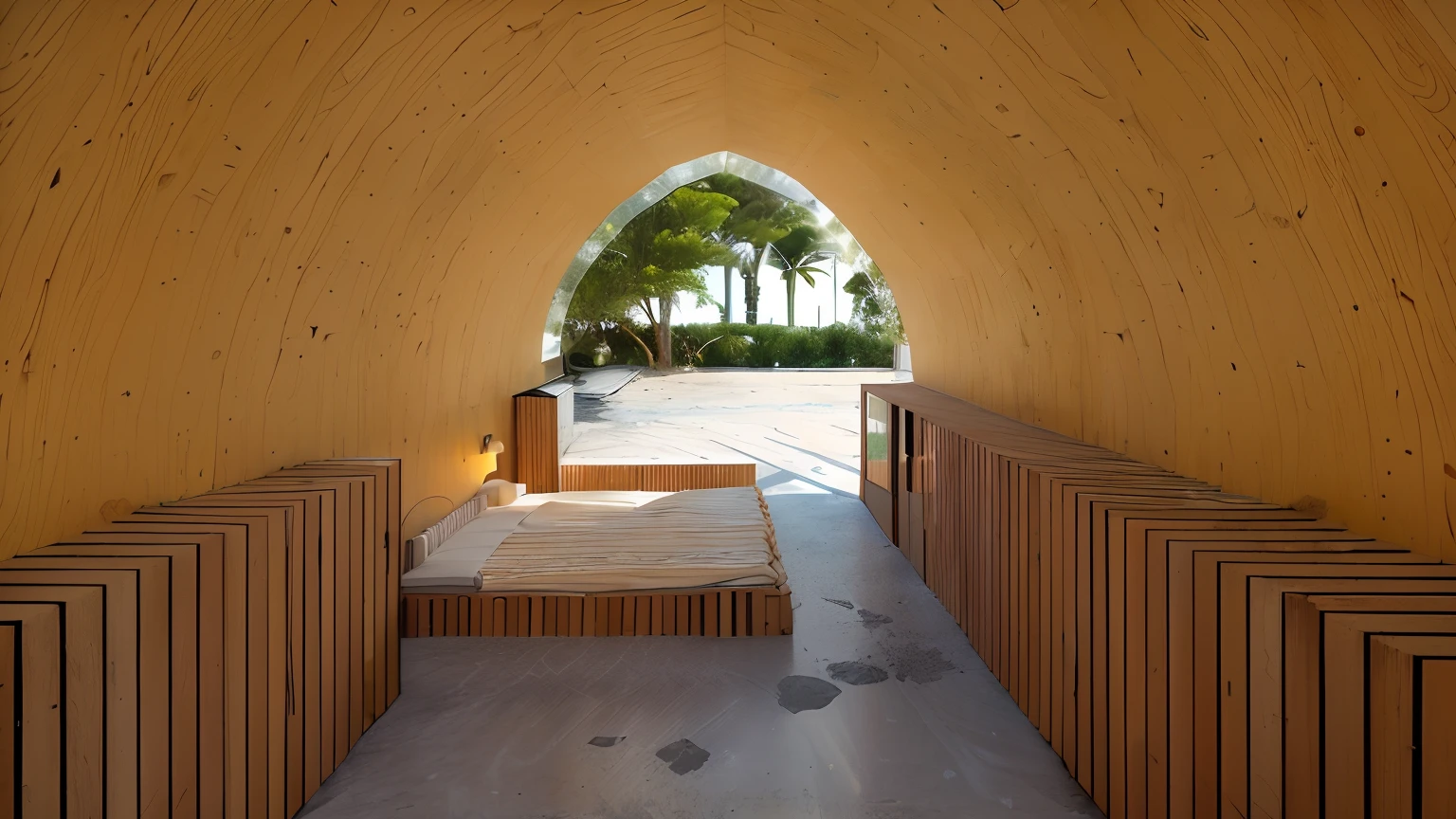 there is a small house, uma cama a esquerda, armarios, e uma cozinha a direita, The floor is reflective concrete, in the background behind the windows, uma vista para a praia