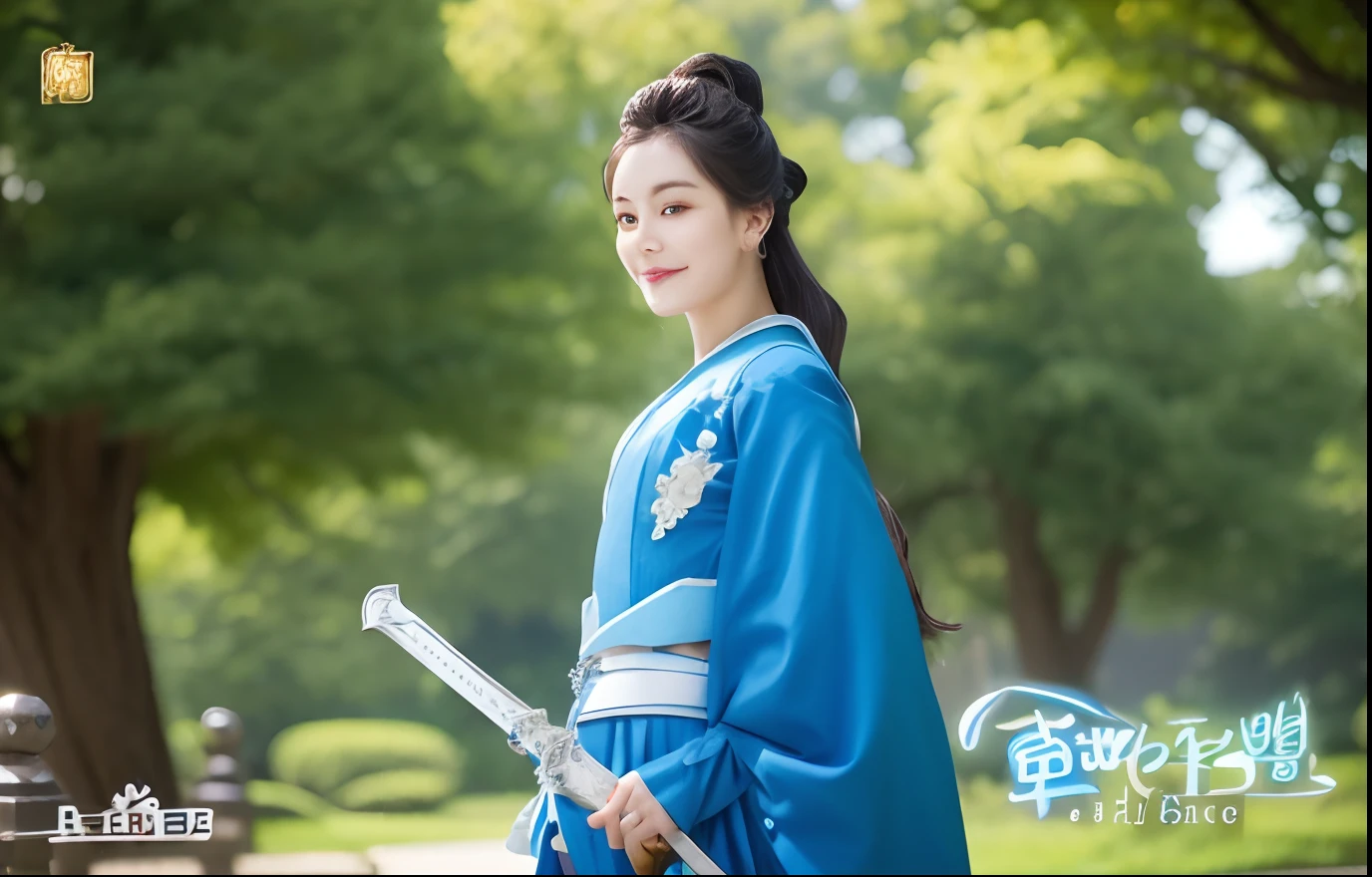 a smile、Woman in blue dress holding sword in park,