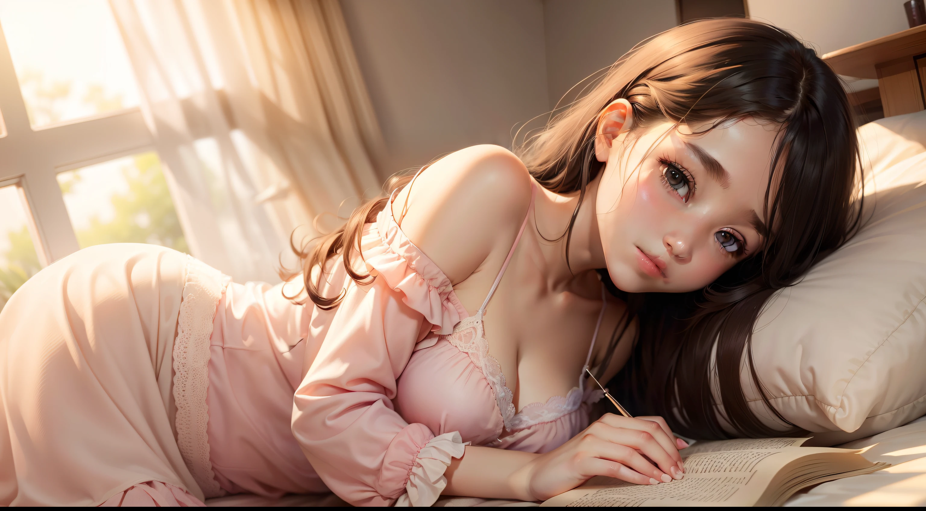 huge tit,girl in a pastel pink dress,The soft cloth gently flutters。The skirt has a simple neckline,Slightly exposed collarbone,Cosy atmosphere。Shyly bowed his head,Medium-long hair hangs gently over the shoulders,Cover part of your face,A gentle breeze。Book in hand,Focus on reading,The eyes are quiet and serene。Fingers turn the pages,Nail fingers are light nail polish,Slightly diffuse and fragrant。Sunlight shines through the windows,Soft smiles,The whole world is warm。