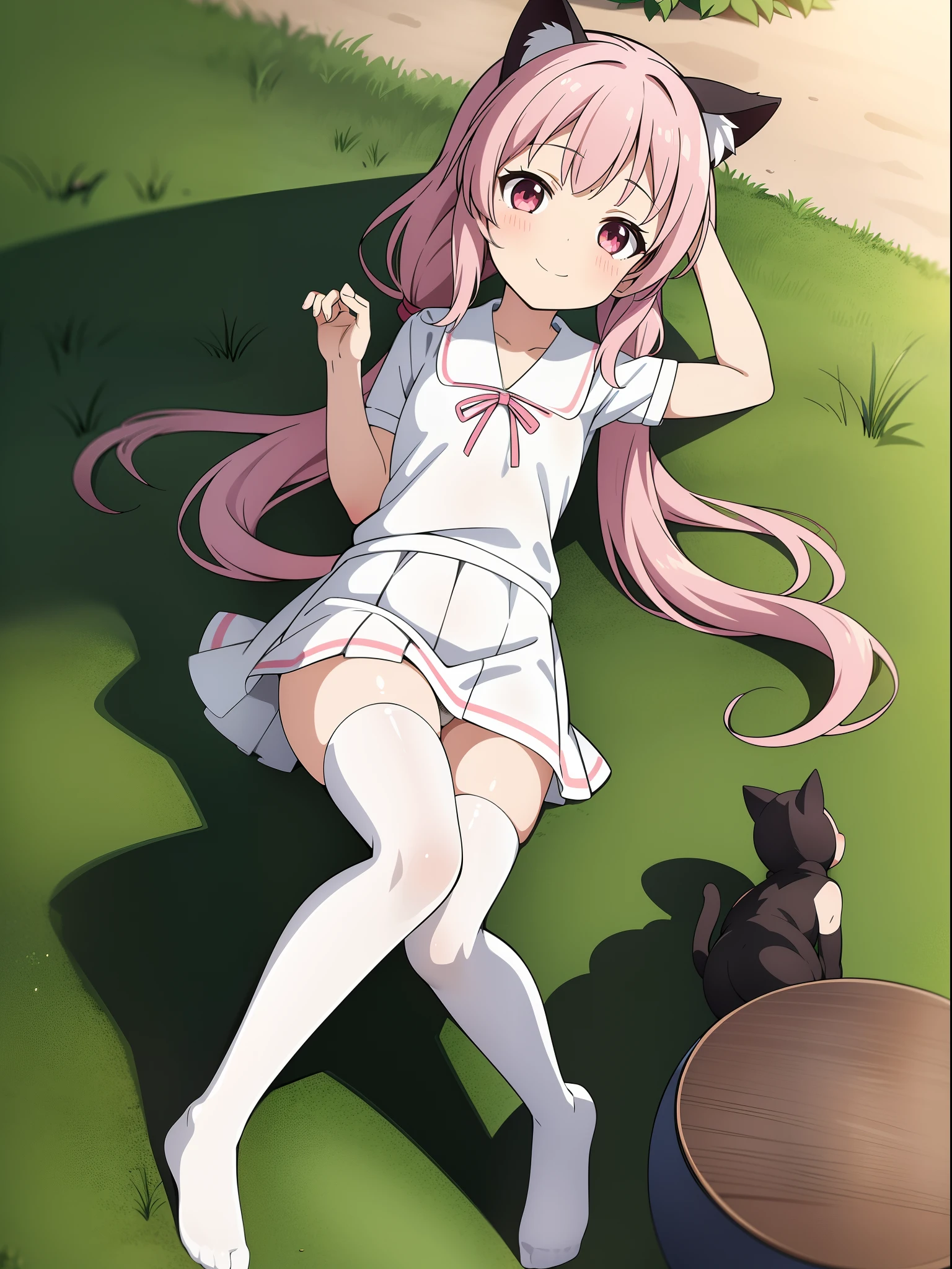1girl, , small girl, cat ears, cat tail, wearing kawaii school dress, white pant, no shoes, feet visible, kawaii white panties, est, cat hair, long hair, long twin tails, smiling, blushing, happy, pleased, white knee socks, laying on a sand, near lake, forest on background, flowers, sakura blossom, sunset, 8k, masterpiece, detailed, detailed face, detailed eyes, shot from the top, looking at camera