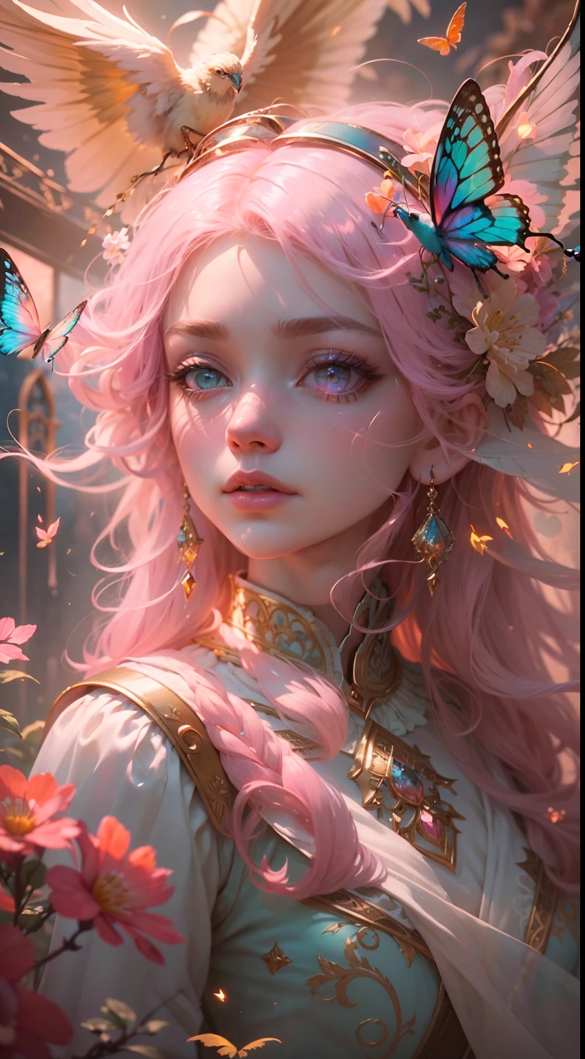 (((masterpiece))), (((best quality))), ((ultra-detailed)),(highly detailed CG illustration), ((an extremely delicate and beautiful)),cinematic light, Create a stunning fantasy artwork that mimics the style of currently trending masters of the genre. The art piece should contain elements of both mythic fantasy and fairytale fantasy with colorful accents. ((Utilize various shades of pink and watercolor pastels as the main color scheme.)) The character in the artwork is a delicate but strong petite figure with an aura of mystery and magic. Pay close attention to intricate facial features, such as mesmerizing eyes with vibrant colors and bold shading. The character's clothing should be designed with gossamer feathers, silk, stunning embroidery, and subtle iridescent details. Incorporate dreamy colors, dynamic lighting, and detailed background elements to create a sense of awe and immersion. Include colorful flying magical birds and jewel-toned butterflies radiating a magical aura. Consider the latest trends in fantasy art, such as incorporating unique lighting effects, exploring dynamic and compelling composition techniques, and experimenting with unique color palettes. Take inspiration from the top artists on ArtStation and Midjourney. Camera: Choose an angle that highlights the character's beauty and enhances the magical majesty of the artwork. Lighting: Utilize atmospheric lighting techniques to create depth and mood. Resolution: Aim for a high-resolution artwork to showcase intricate details and clarity. Art Inspirations: Seek inspiration from the trending artists on ArtStation, exploring different styles, genres, and themes.