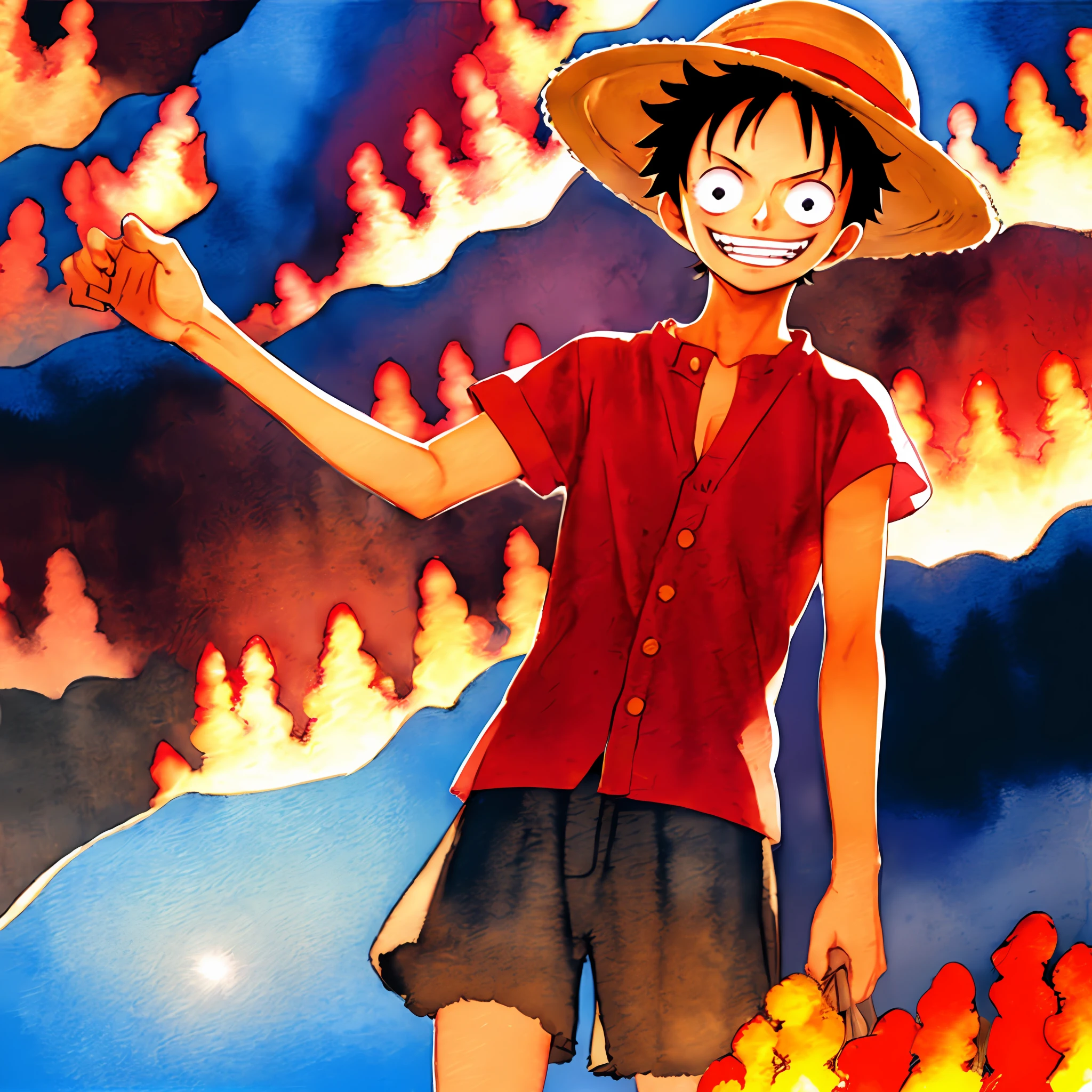 1boy, oda eiichirou, monkey d luffy, one piece, straw hat, looking at viewer, solo, upper_body, (((masterpiece))), ((best quality)), (extremely detailed), watercolor, illustration, depth of field, sketch, dark intense shadows, sharp focus, soft lighting, hdr, colorful, good composition, fire all around, spectacular, closed shirt