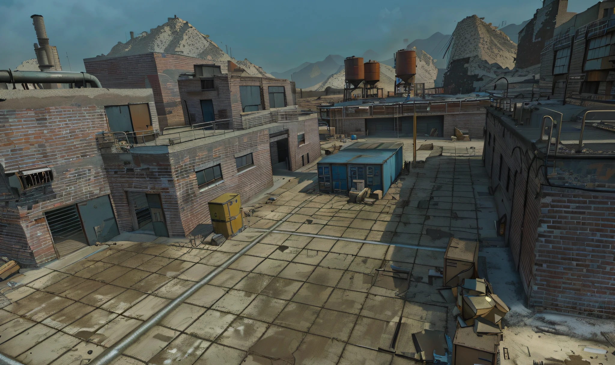 There are photos of brick buildings, warehouses near the city with a large number of buildings, Photo of an abandoned factory in the desert, Containers, Boxes, Broken floor slabs, covered with sand, Dirty street background, Screenshot from the game, industrial setting, ingame image, Ландшафт Airsoft Arena, Industrial Environment, Realistic scene, Hyper-detailed scene, Industrial Environment, highly detailed scene, game cg, Steam Workshop Maps, Shot in the game, An asset of the RPG gaming environment