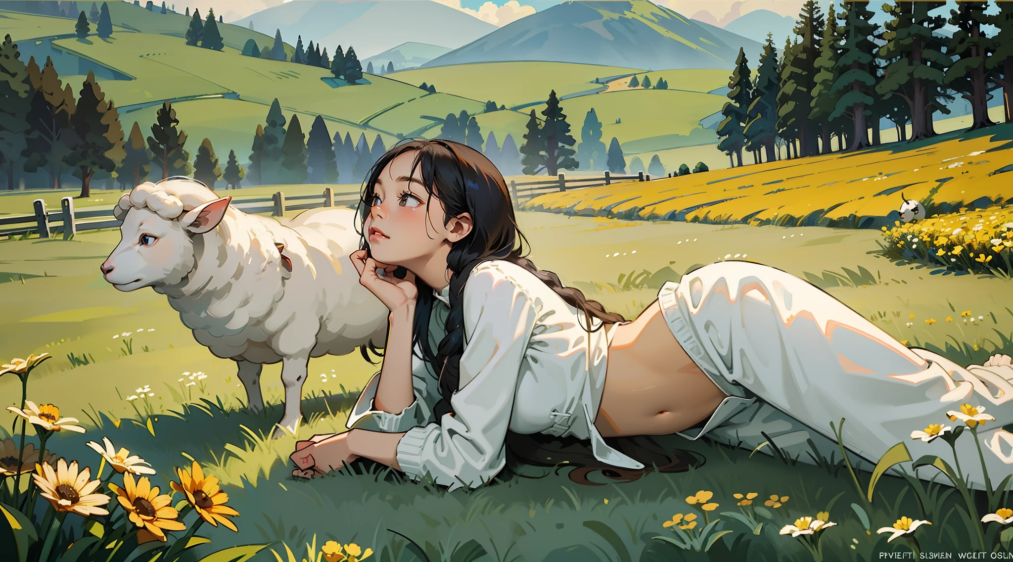 Illustrate this poem as a (beautiful, masterpiece) in illustration form: At that time the ((sheep)) called to him From their wormy bellies, as they Lay bloating in the field. He was A pastoralist, The schoolhouse hardly handsize In a sky of flax. A Pastoral BY ALLEN GROSSMAN