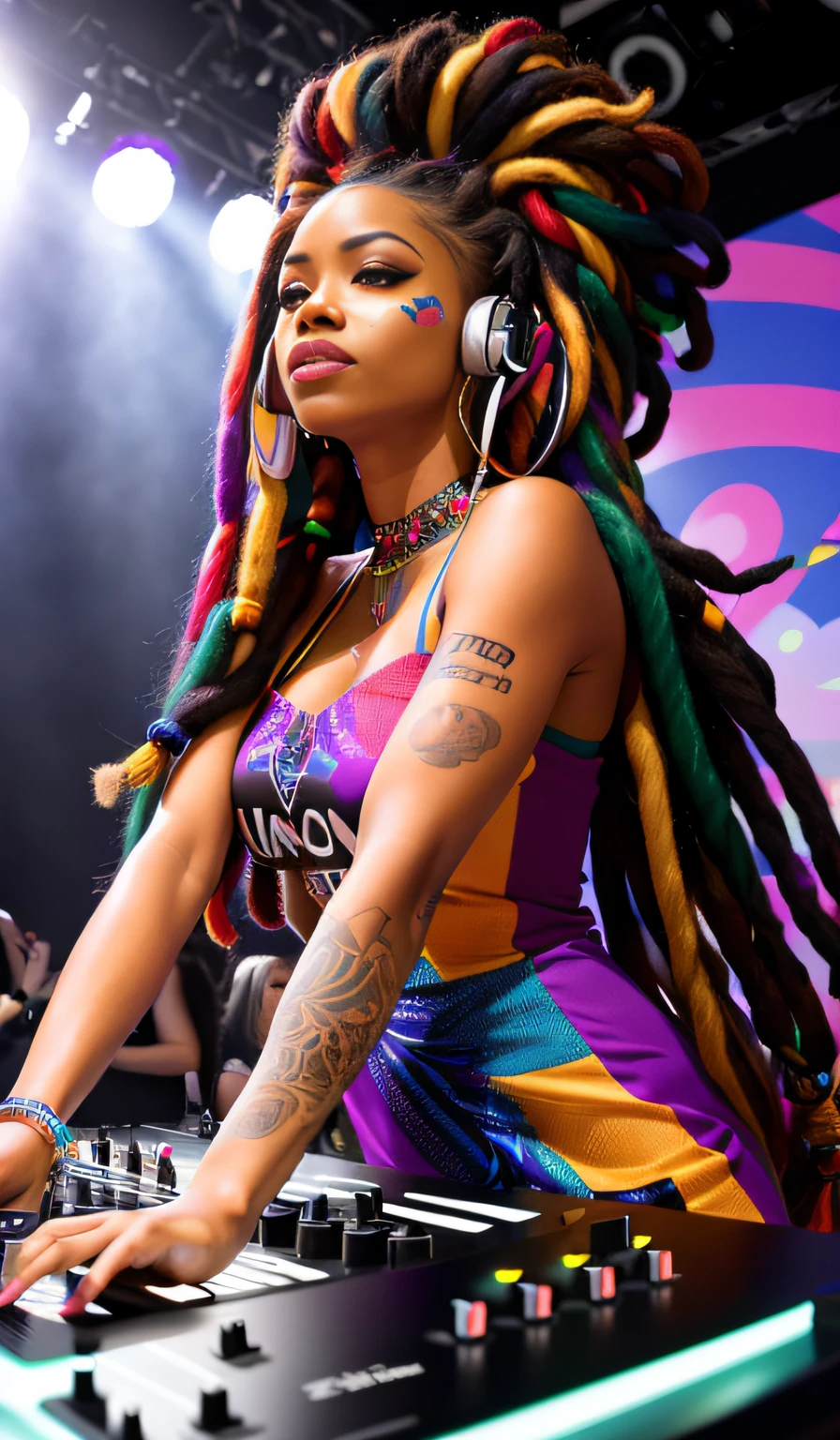 award winning photography, a female dj plays on the vinyl records on the dj set with two turntables, headphones on her head, playing on vinyl records, (((dancing dynamically))), a full body portrait of a beautiful afro american 25 y.o. woman, (Kira Noir), ((her extra long rasta hair swirling around her)), blowing in the wind, smiling, big eyelashes, happy face, detailed facial features, rule of thirds, realistic eyes, ((vibing to music)), gorgeous lady, ((deep cleavaged dress with colorful psychedelic patterns on it)), slim body, medium breasts, abstract tatoos, bright glorious summer sunshine, in the background music festival with dancing people, RAW photograph, (masterpiece), ((photorealistic)), ((hyperrealistic)), (skin pores), highly detailed, film grain, sharp focus, crystal clear, ((stunningly beautiful)), extremely detailed, high detailed skin, cinematic lighting, wide angle, amazing fine detail, rich colors, lifelike texture, dramatic lighting, dynamic composition, photographed using ((Canon EF 110mm f/1.2L USM Lens)), ((film grain, skin details, (high detaile