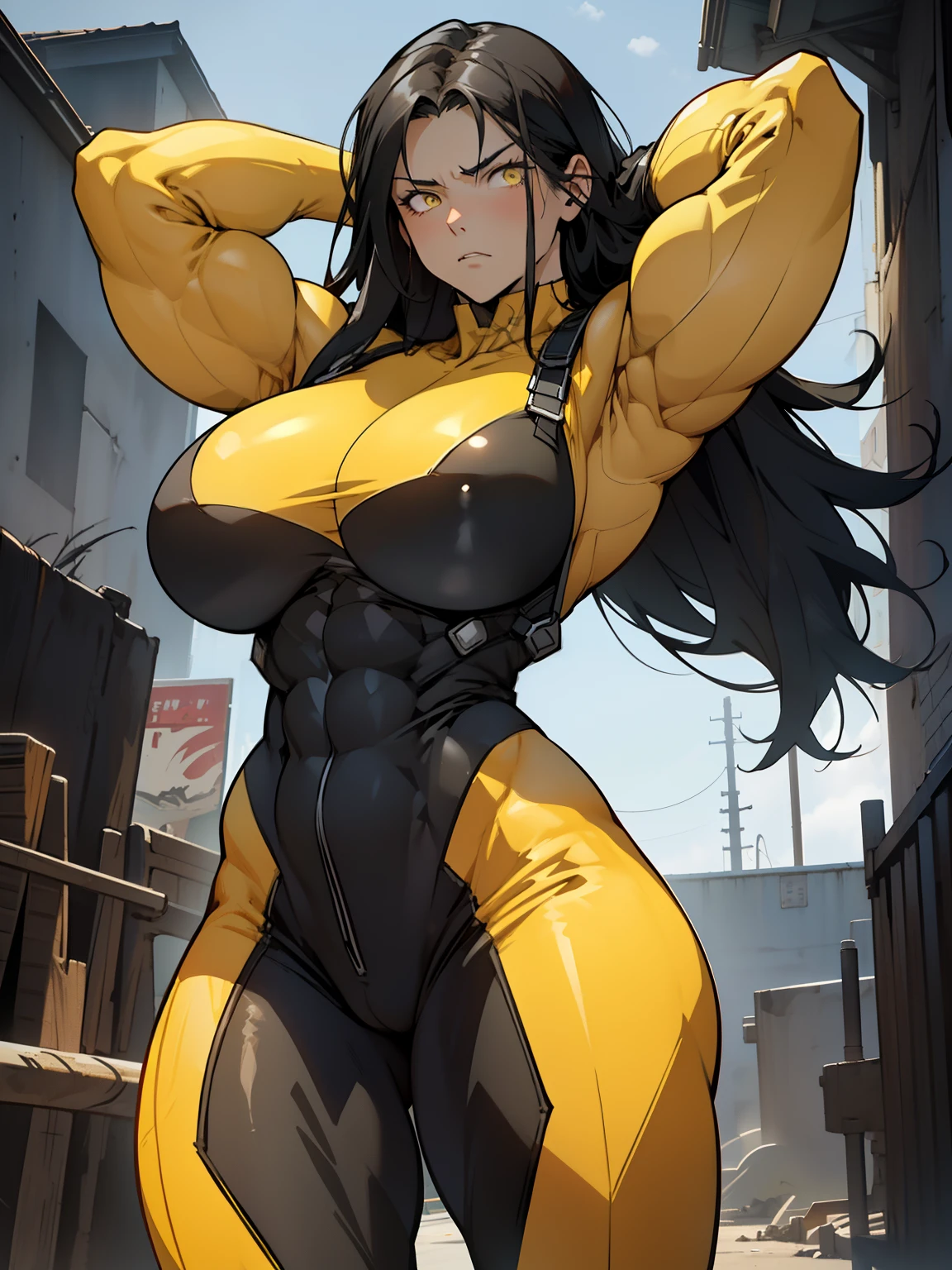 (1girl), black hair, extremely long hair, yellow eyes, ((((((muscular)))))), ((((huge breasts)))), ((((thick thighs)))), solo, angry, (pale skin), cowboy shot, (((full bodysuit))), arms over head