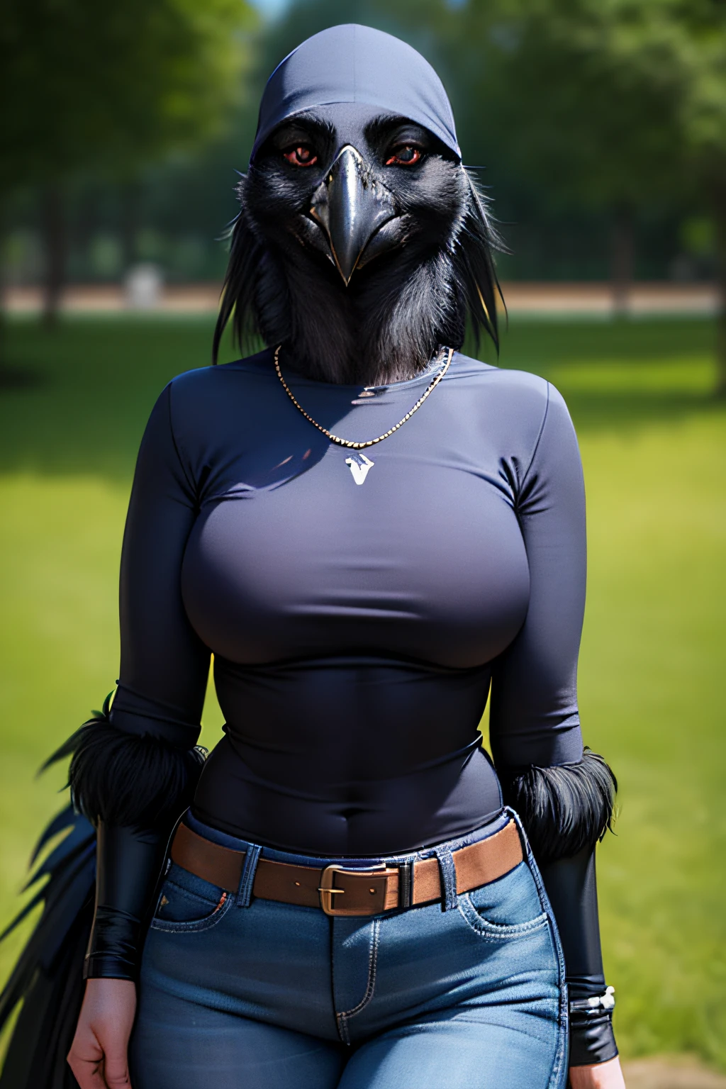 raven, anthro avian corvid, beak, female, medium breasts, ((winged-arms)), clothes, shirt, pants, happy, posing, portrait, looking at viewer,