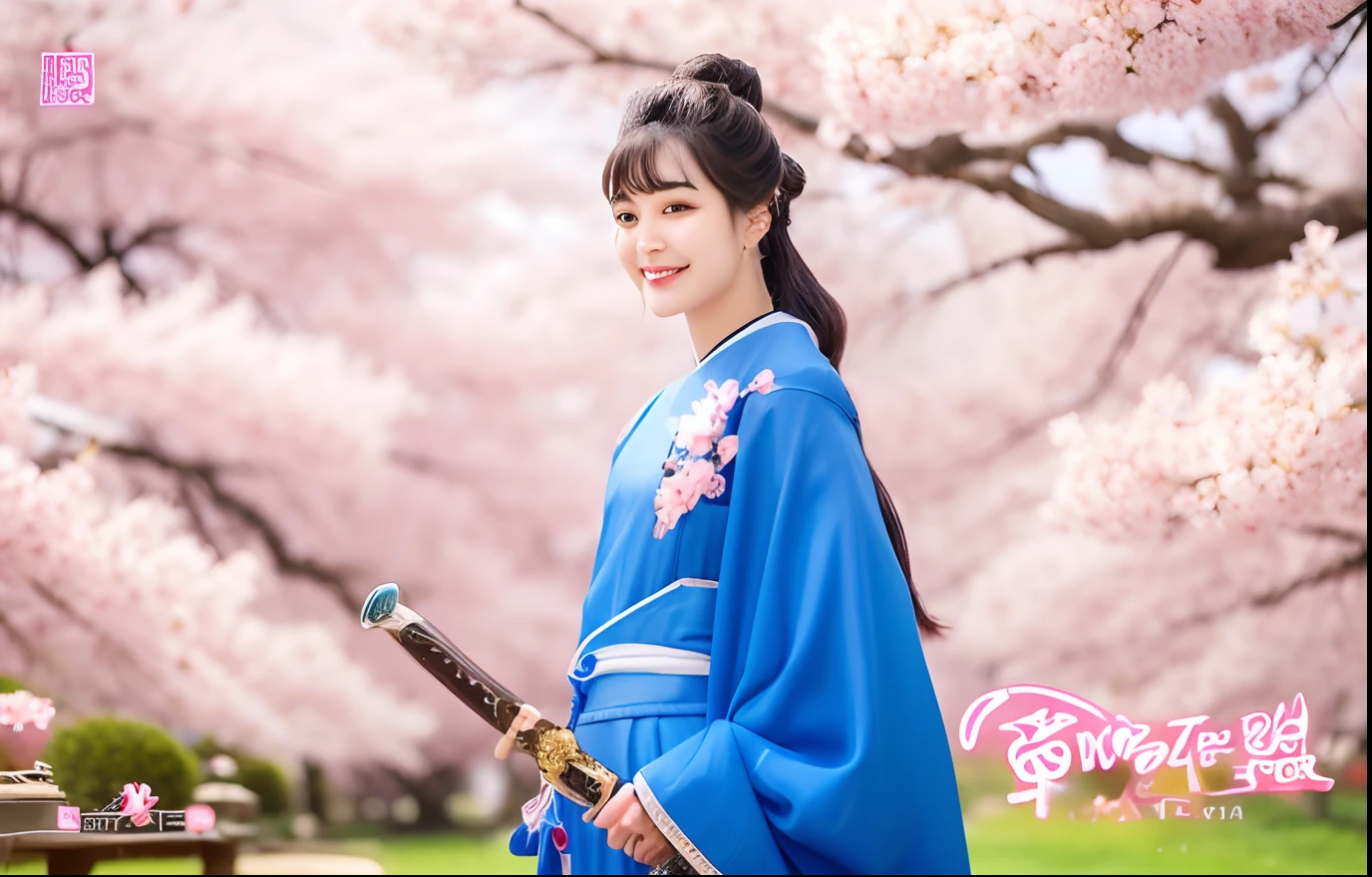 A smile、a woman in a blue dress holding a sword,Riverside with cherry blossoms in full bloom