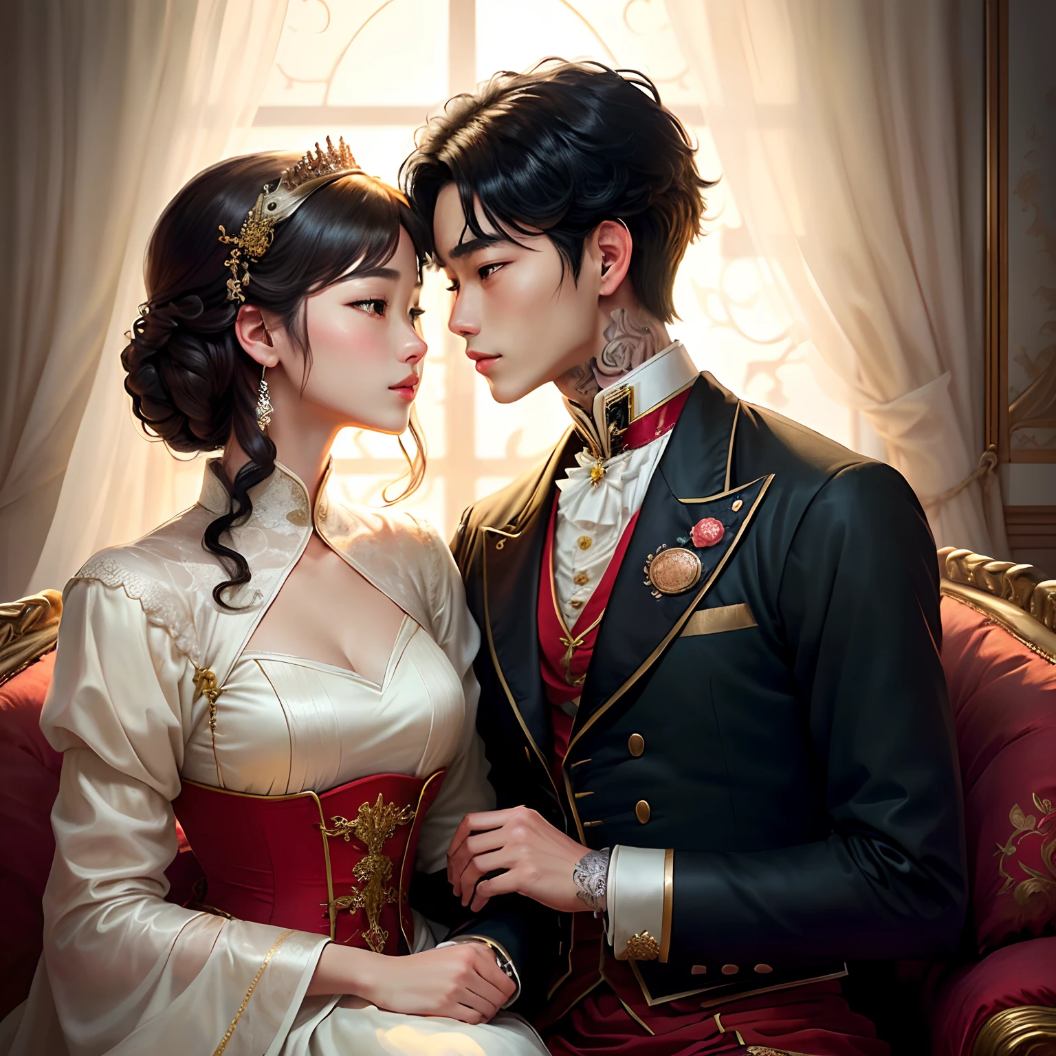 a rebel prince from south korea has neck length black hair tattoos the princess from south korea is very beautiful best quality, excellent illustration, couple kissing, soft focus, 1 boy with black hair, red eyes, 1 girl with brown hair, hanbok brown eyes, Victorian romanticism, opulent and refined environments, soft light and warm lighting.