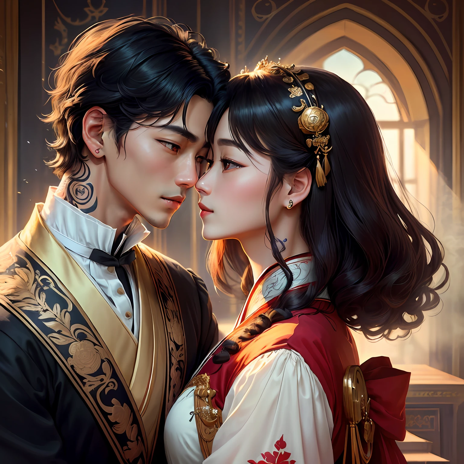 a rebel prince from south korea has neck length black hair tattoos the princess from south korea is very beautiful best quality, excellent illustration, couple kissing, soft focus, 1 boy with black hair, red eyes, 1 girl with brown hair, hanbok brown eyes, Victorian romanticism, opulent and refined environments, soft light and warm lighting.