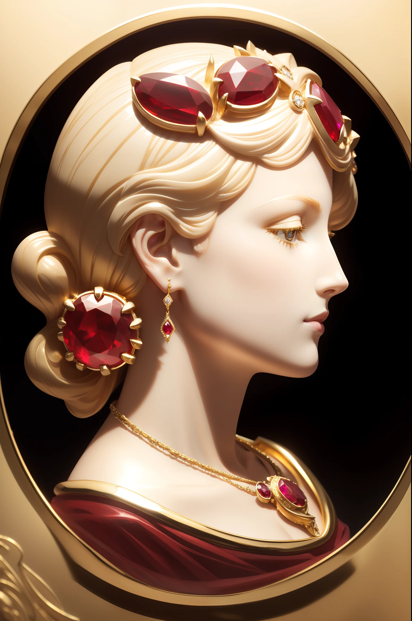 gold cameo with a ruby ​​stone in the center seen in profile, beautiful jewelry, exquisite, beautiful, work of art,8k