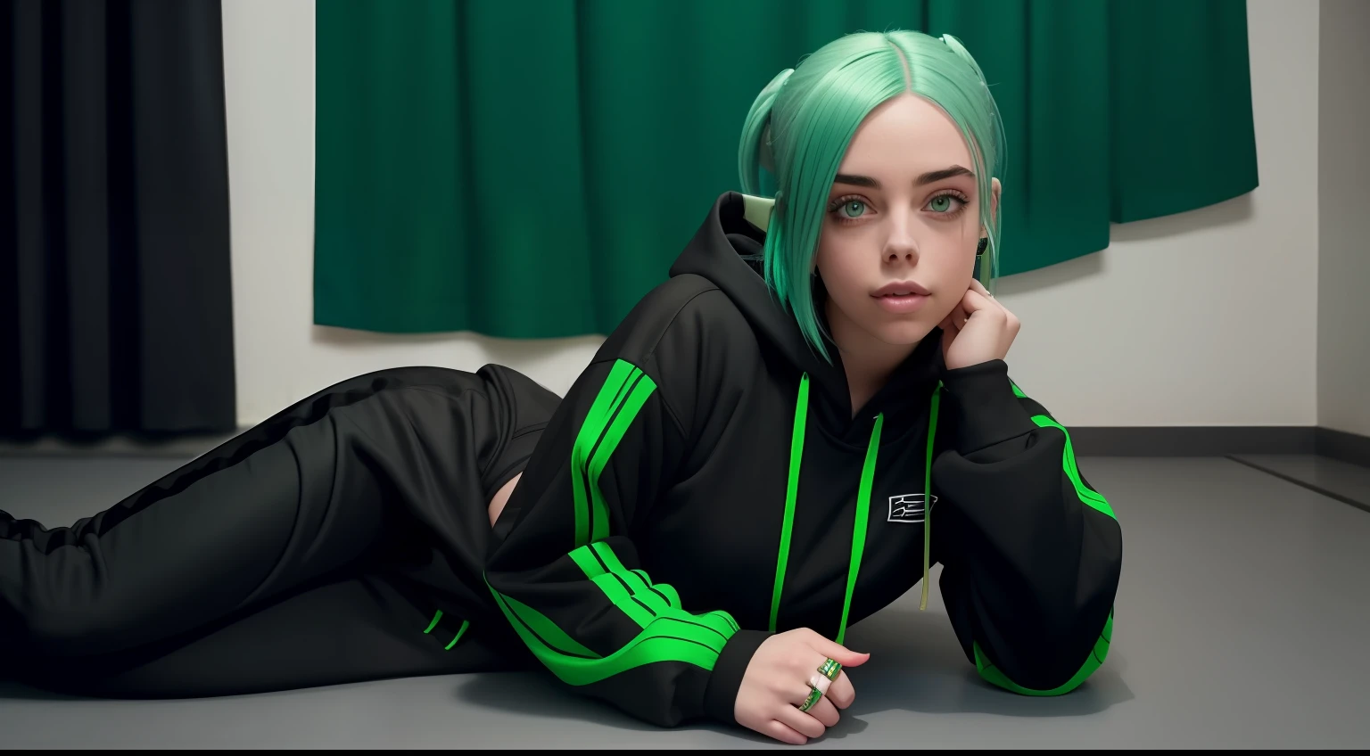 billie eilish, green hair with black, lying on her side!, beautiful body, nice smile, wearing a sexy black tracksuit with green accessories