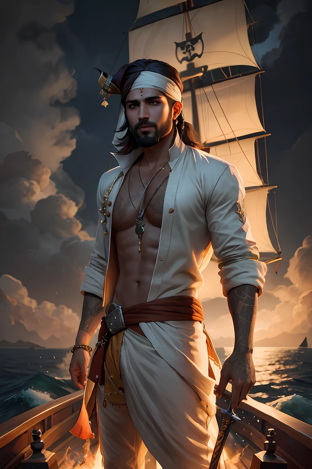 Hindu-looking gypsy arafed man in a white outfit standing on a pirate ship with a sword, handsome prince of persia, sea of thieves style, 3 d render arte do caractere 8 k, Artgerm e Atey Ghailan, Directed by: Daryush Shokof, estilo fantasia 8 k octane render, pirata, foto de retrato, Amazing 8K character concept art