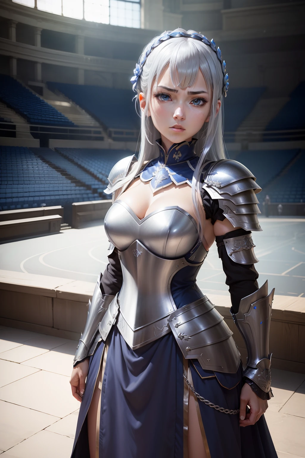 masutepiece、超A high resolution、Girl in Roman Empire Armor、Blue Metallic Armor、Silver hair、Increased exposure、Tired and distressed face、3CG Animation、Sword in both hands、standing in an arena、