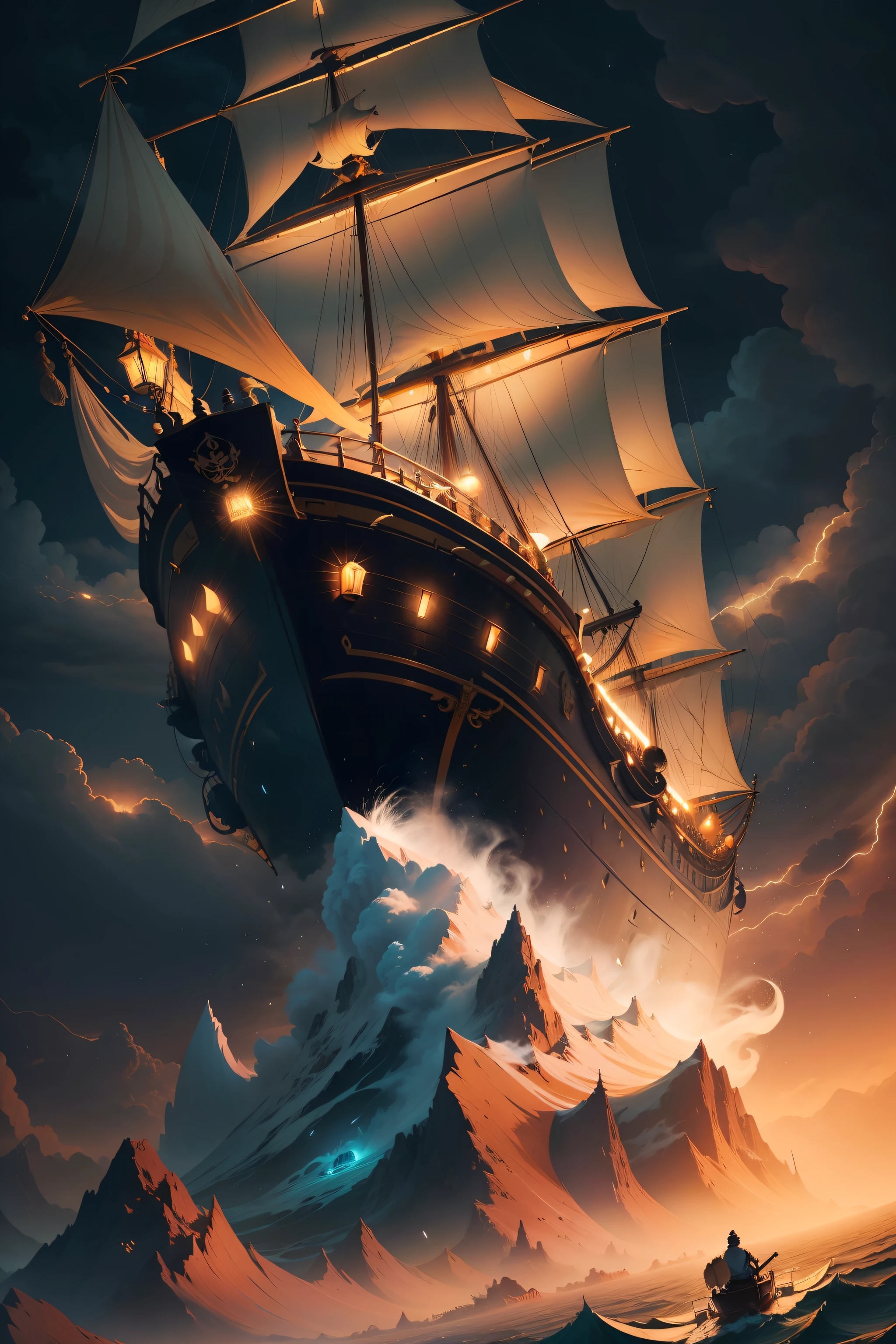 A Hindu-looking man in traditional Hindu robes piloting a pirate ship during a night storm (navio) (tempestade e raios ao fundo da imagem:1.1) Tracing of volumetric haze rays z pass bright light, (obra-prima) (melhor qualidade) (detalhado) (8k) (cinematic lighthing) (foco nítido) (intrincado)
