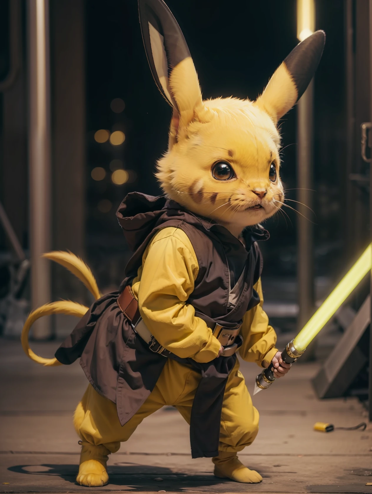 Picachu com roupa Jedi preta, segurando um sabre de luz amarelo, fundo cidade em ruinas