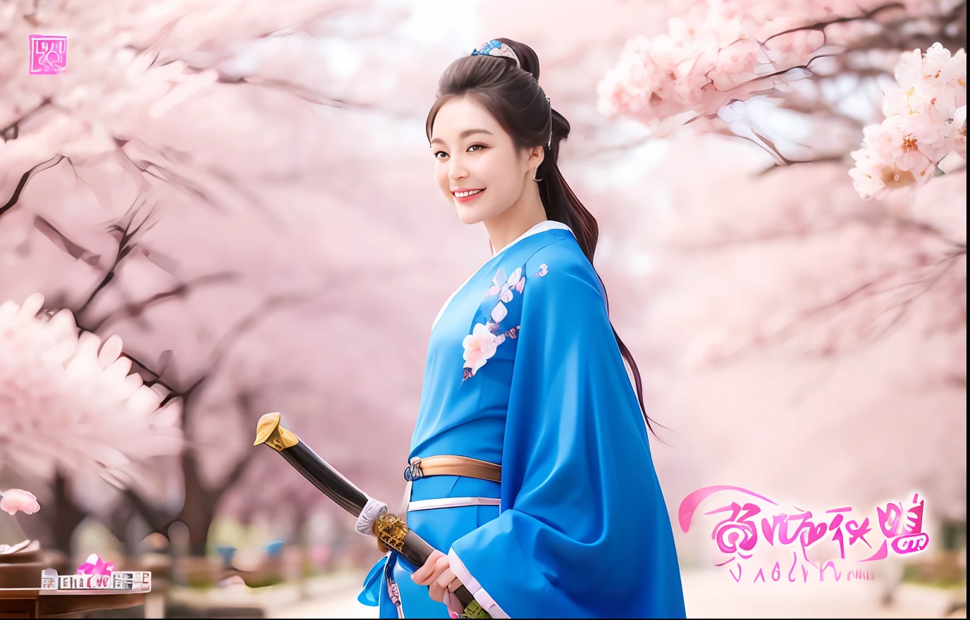 A smile、a woman in a blue dress holding a sword,Riverside with cherry blossoms in full bloom