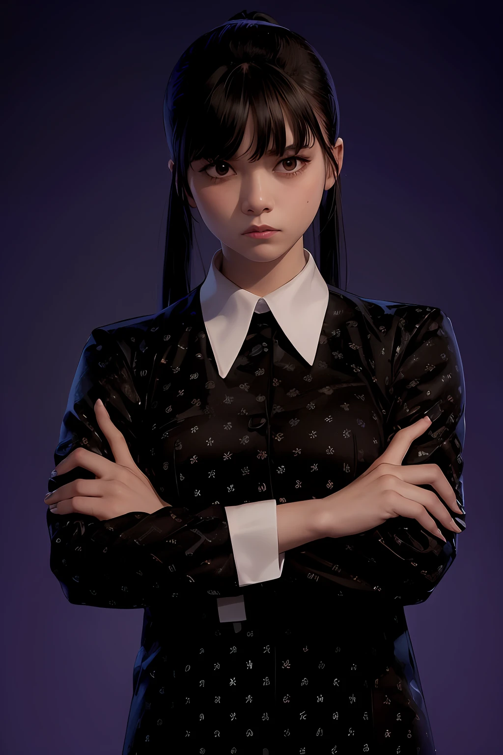 Black uniform, white collar, black long ponytail hair, black eyes, expressionless, neutral, Jenna Ortega