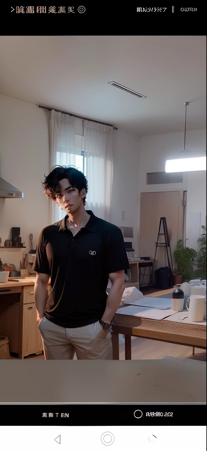 same background, amazing lightings, man wearing black polo shirt, curly short hair, 2d anime, studio ghibli like anime.
