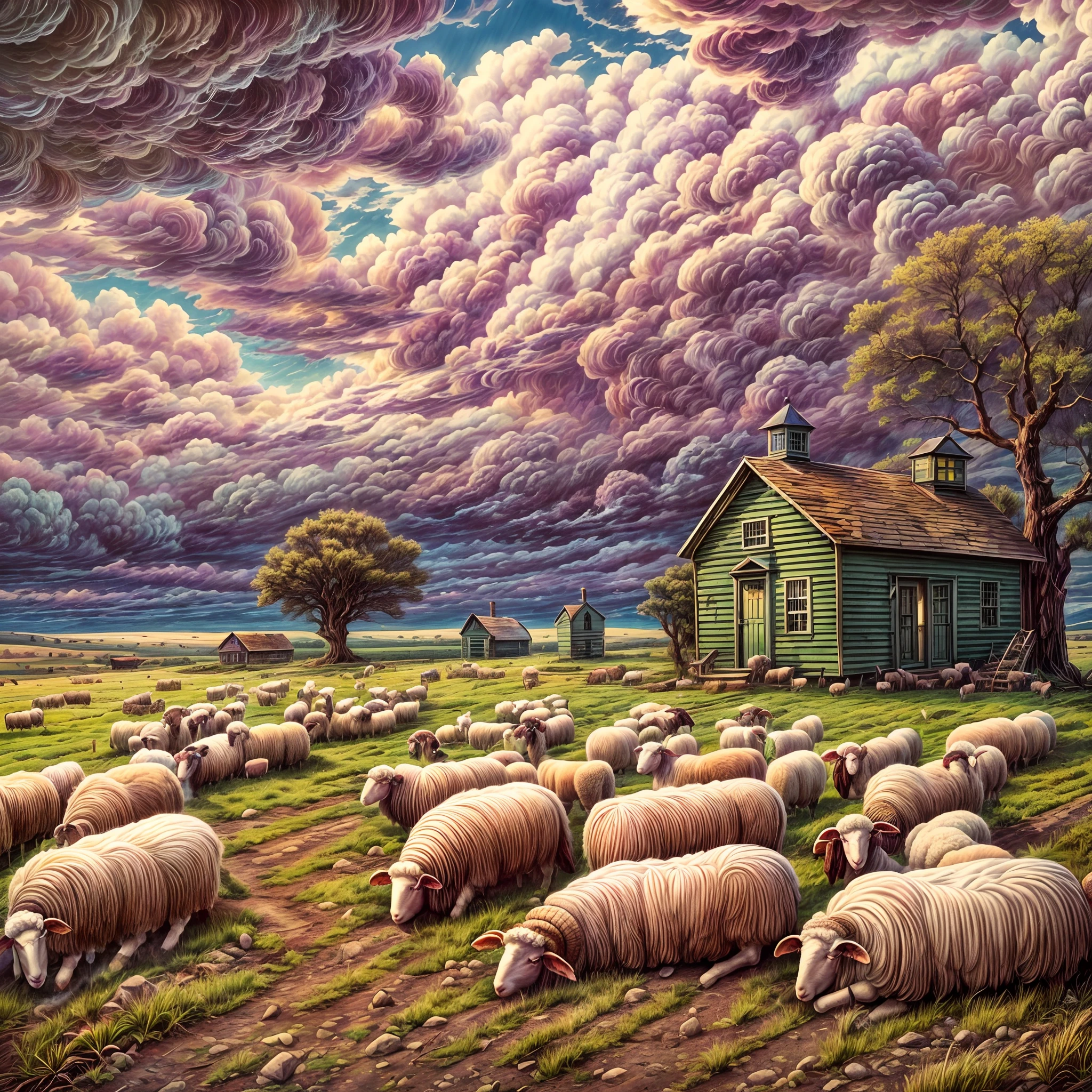 Hyperdetailed illustration, (at that time the sheep called to him From their wormy bellies, as they Lay bloating in the field. He was A pastoralist, The schoolhouse hardly handsize In a sky of flax), pastoral landscape, vivid imagery conveying a sense of isolation and loneliness, A ((pastoralist)) in his remote and desolate surroundings, (Shepard's crook), flaxen sky, ((bloated sheep lay)) in his field, desolation and decay, (tiny schoolhouse in the distance), PsyAI.