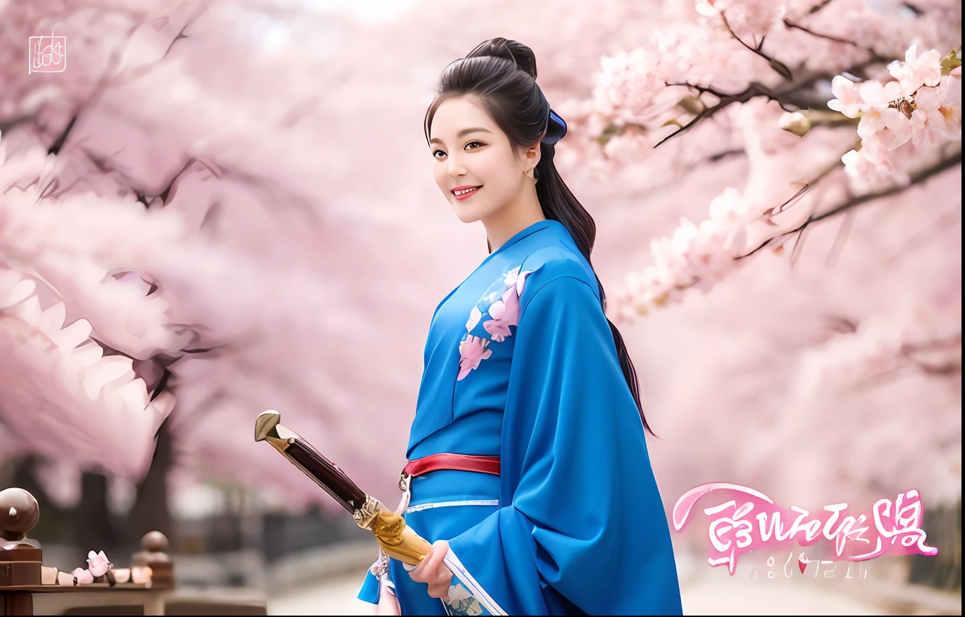 A smile、a woman in a blue dress holding a sword,Riverside with cherry blossoms in full bloom