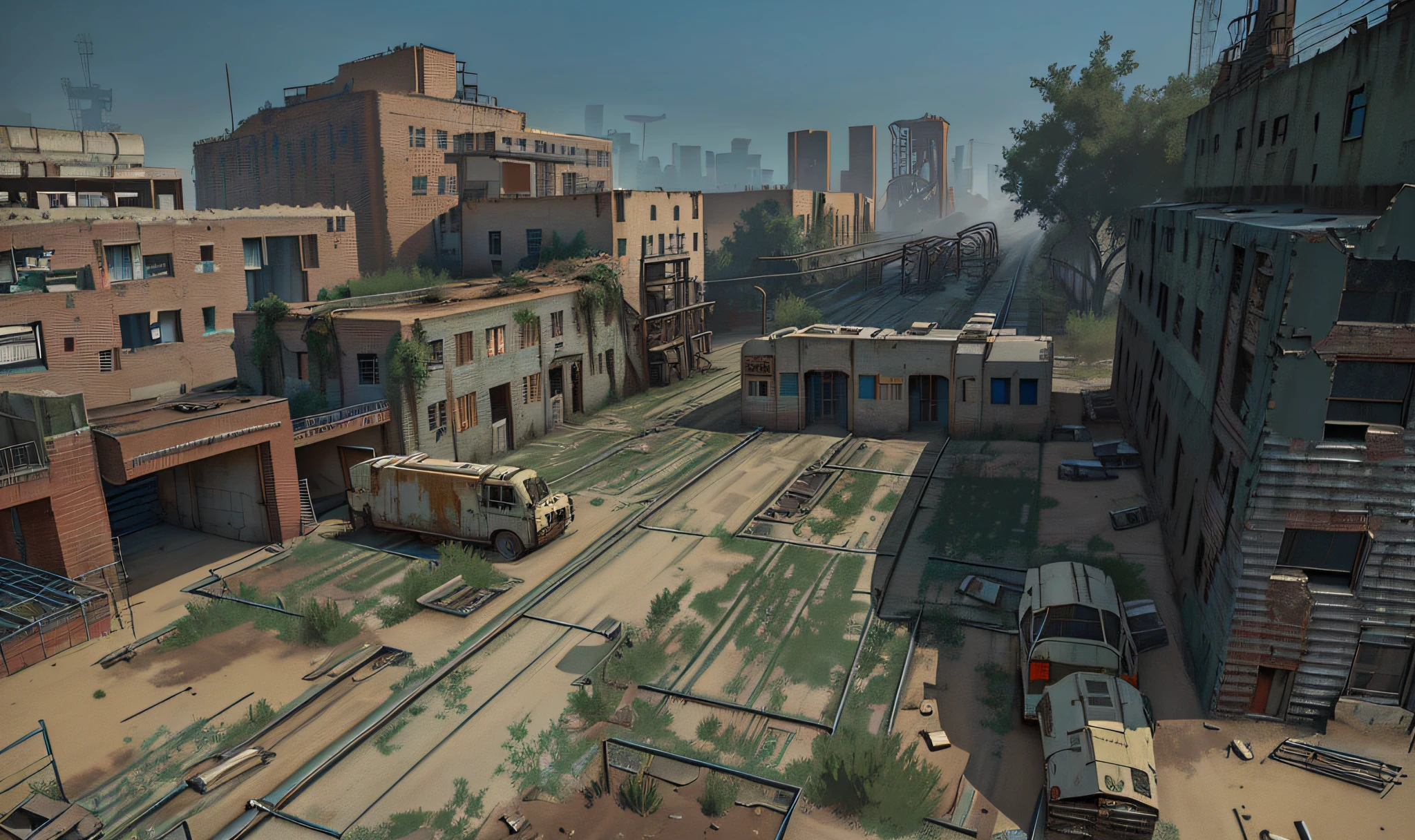 There are photos of brick buildings, warehouses near the city with a large number of buildings, Photo of an abandoned factory in the desert overgrown with vines, Containers, Boxes, Broken floor slabs, covered with sand, Dirty street background, Screenshot from the game, industrial setting, ingame image, Ландшафт Airsoft Arena, Industrial Environment, Realistic scene, Hyper-detailed scene, Industrial Environment, highly detailed scene, game cg, Steam Workshop Maps, Shot in the game, An asset of the RPG gaming environment