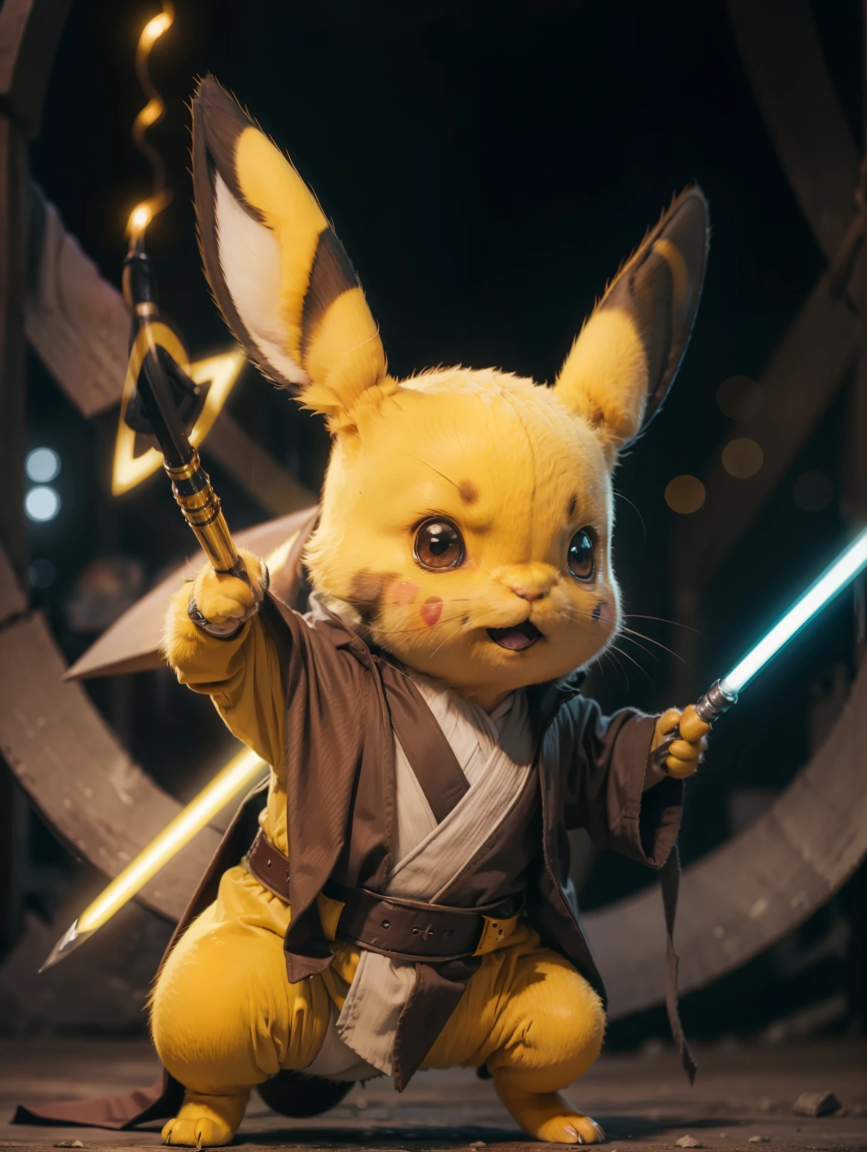 Picachu com roupa Jedi preta, segurando um sabre de luz amarelo, fundo cidade em ruinas