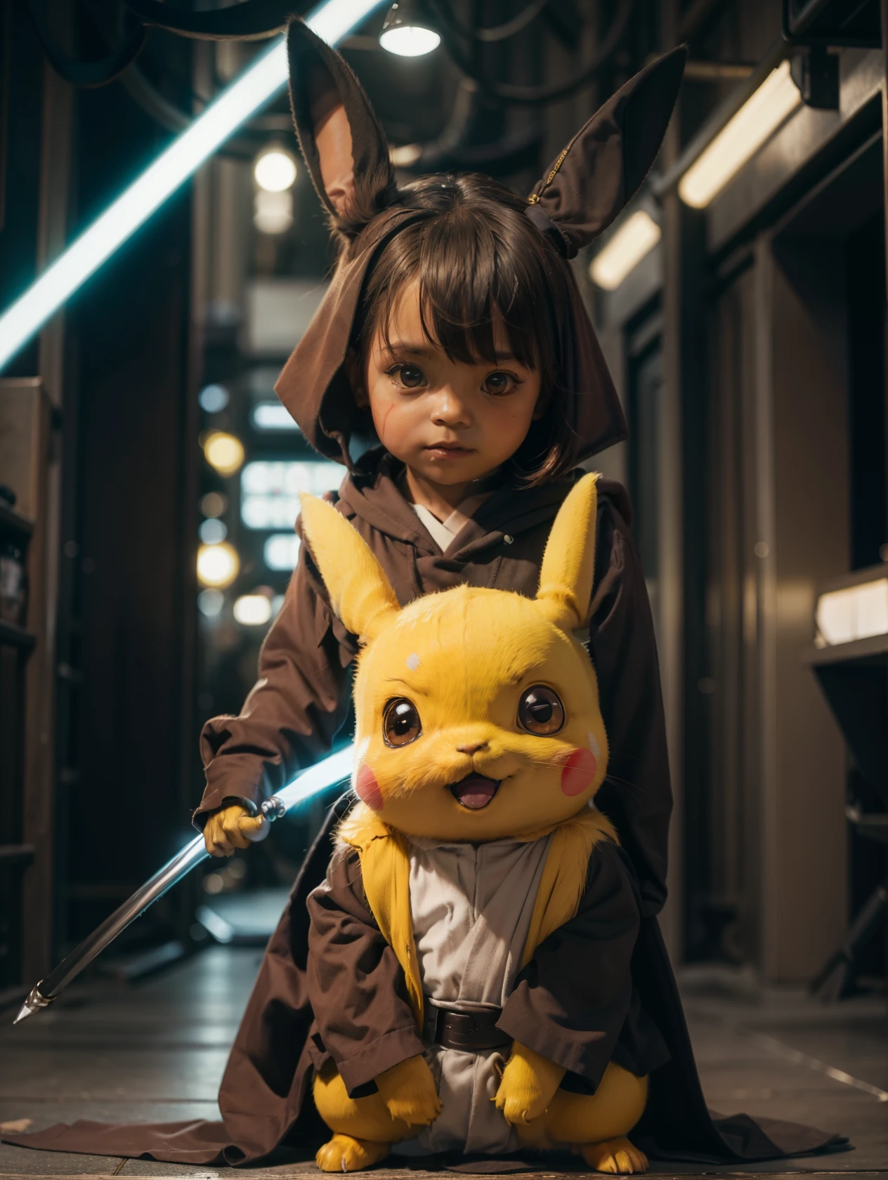 Picachu com roupa Jedi preta, segurando um sabre de luz amarelo, fundo cidade em ruinas