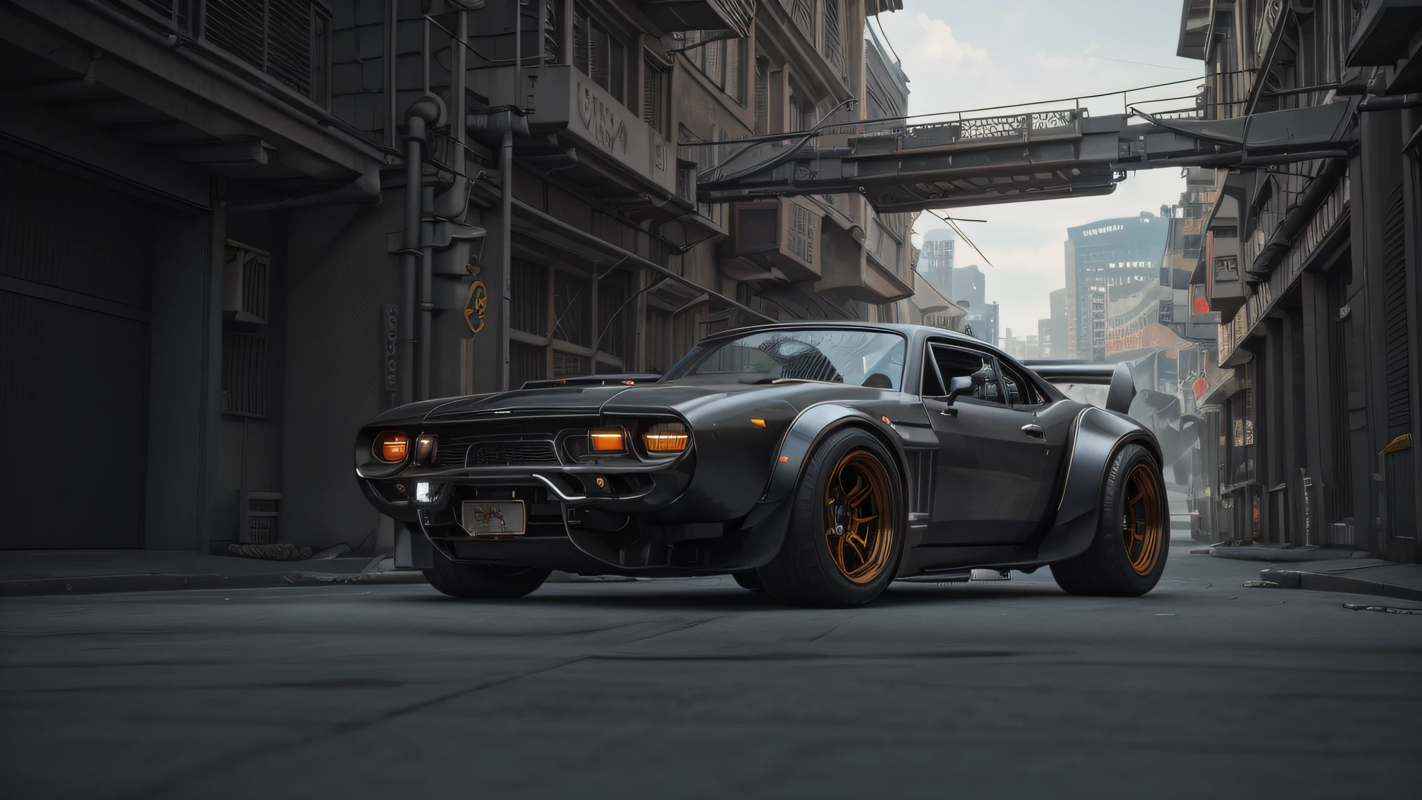 professional photo of a futuristic tuner car with multiple modifications, brown painting, parked, cybernetic hood, cyber car parts, (exotic headlights), mad-max, v8 engine, blower, front pop up headlights, futuristic, car mods, spoiler, science fiction, sci-fi scenario, night, natural light, cyberpunk, futuristic city, cyberpunk city, neon signs, (highly detailed), (highly detailed background), multiple buildings in the background, detailed textures, wide angle, 8k, HDR, professional photoshoot, high quality photo, realistic photo, realistic shadows, detailed shadows, realistic proportions, photographed with a Sony a9 II Mirrorless Camera, film grain, raw photo, physically-based rendering, vibrant colors, award winning picture, (color particles).