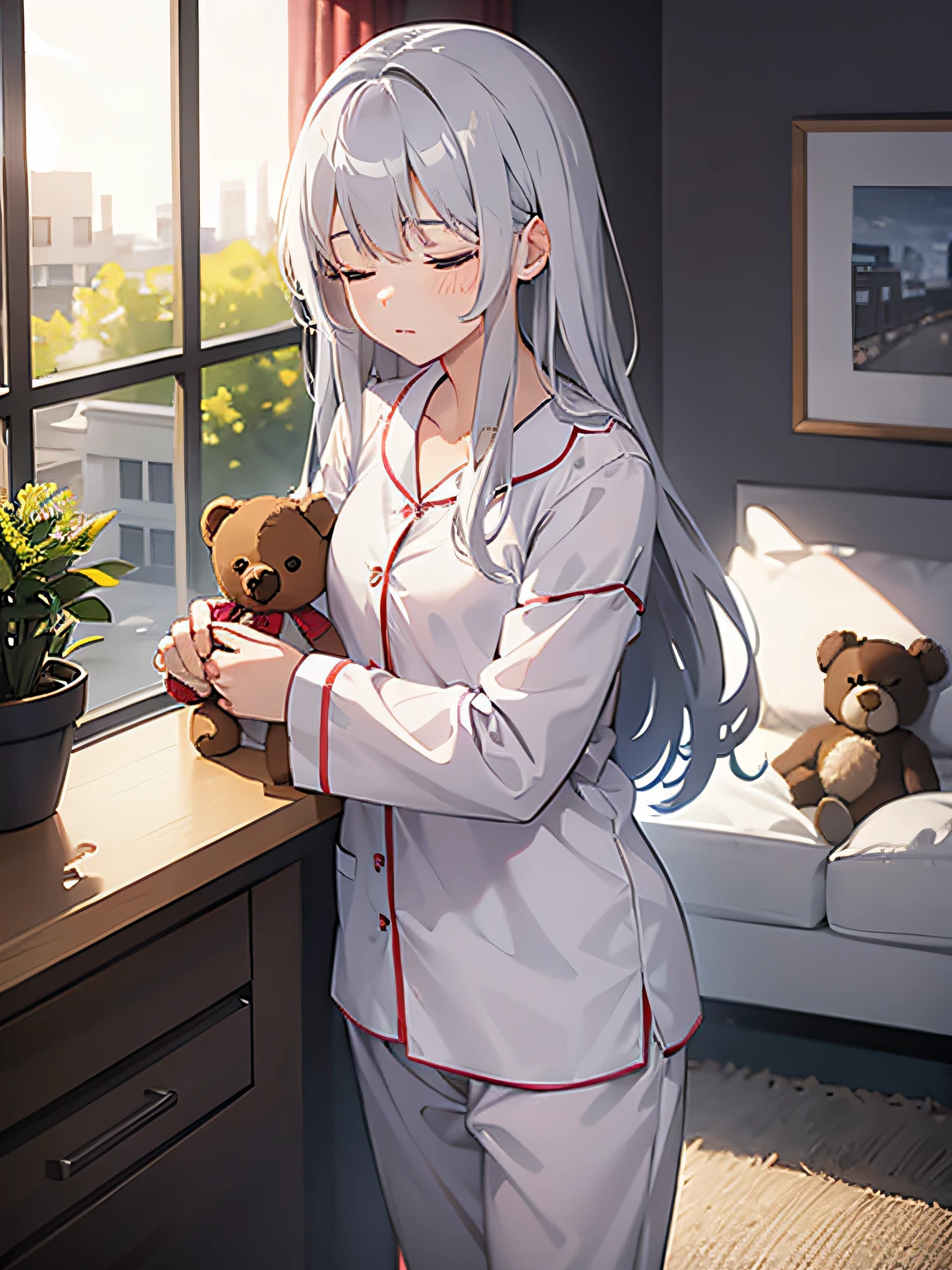 1 girl, pyjamas, teddybear, standing up, sleeping, eyes closed, long silver hair, bed hair, living room.