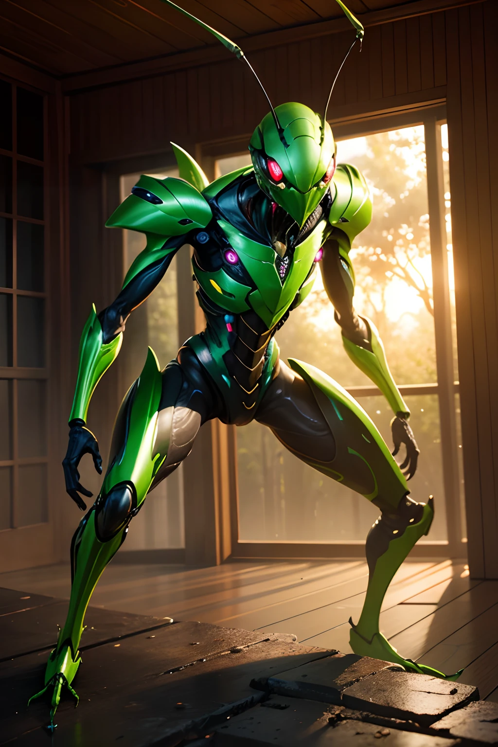 [macro] photo of a [deadly alien mantis insect] , [glowing eyes, green] , [shiny, wet looking, reflective outer exoskeleton] , [fight defensive stance] , [landscape] , [sunset jungle tree] , [hdr indoor panorama] , [eye level ] , [8k cgi hyper realistic] , in style of [Javier Rupérez ] --auto