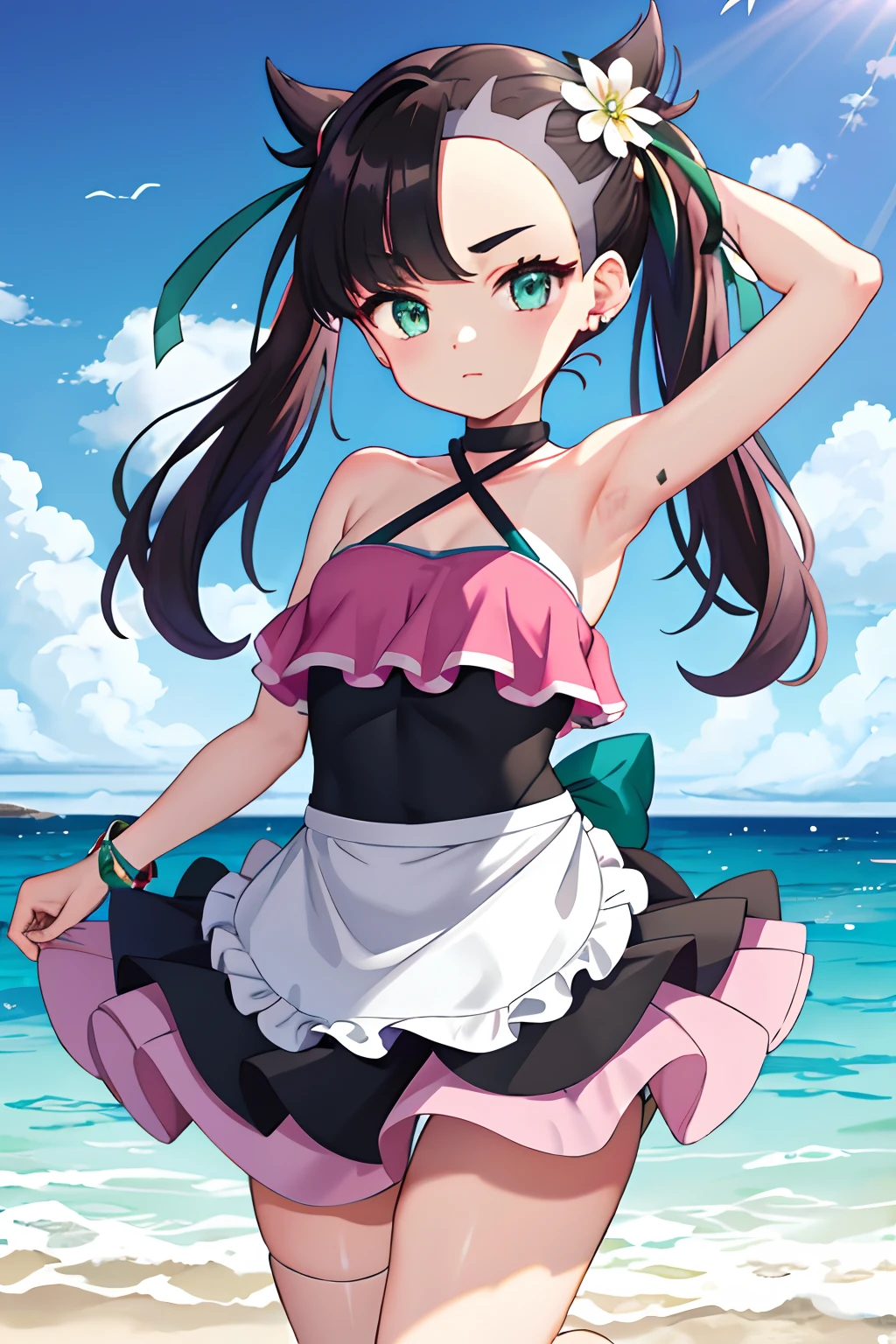 tmasterpiece， Best quality at best， high light， hmmarnie， Water-colored eyes， Green Ribbon， hair flower， 耳Nipple Ring， jewely， halter neck， bangle， nabel， Pink swimsuit， frilled bikini， aprons， cowboy lens， standing on your feet， sea beach，Armpit hairy