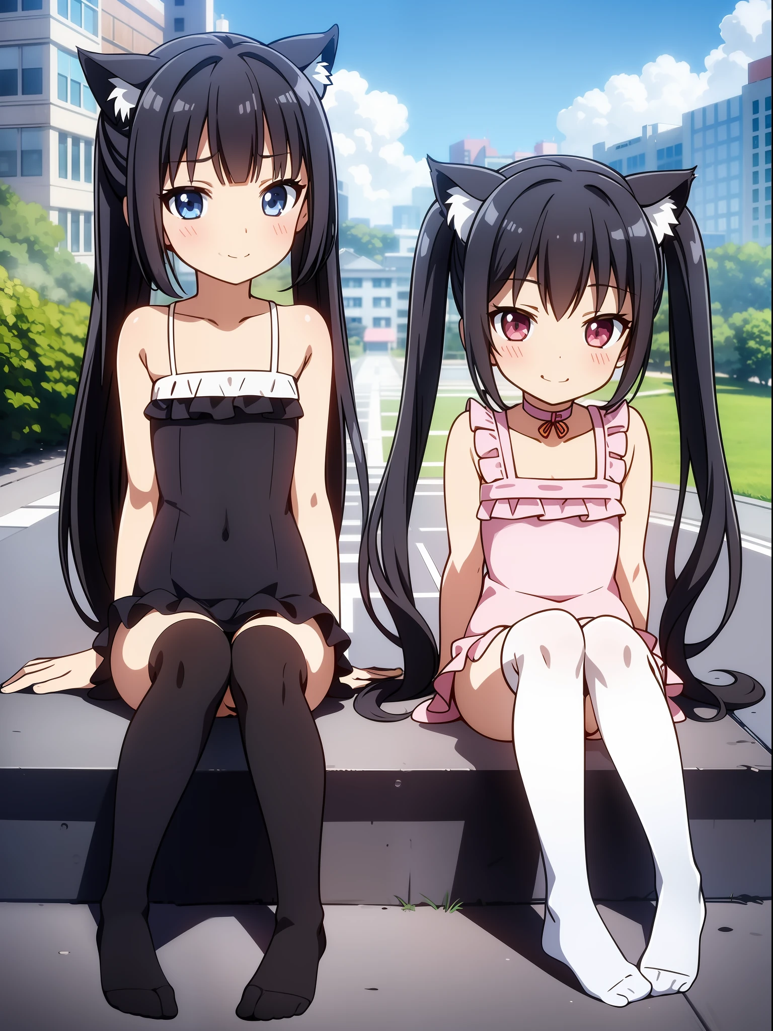 1girl, loli, small girl, cat ears, fluffy cat tail, wearing kawaii swimsuit, no shoes, feet visible, flat chest, black hair, long hair, long twin tails, smiling, blushing, happy, pleased, white knee socks, laying on a ground, near pool, city on background, sakura blossom, sunset, beautiful sky, beautiful clouds, 8k, masterpiece, detailed, detailed face, detailed eyes, shot from the top, looking at camera, cat pose, nyan, meow, meowing, mouth slightly open