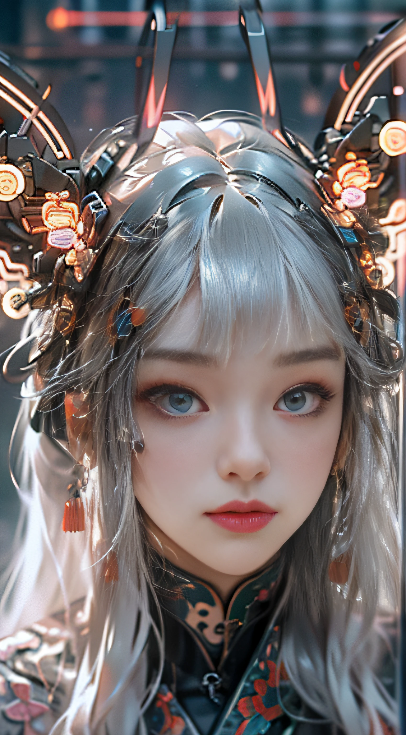 (Works of masters:1.5),(best qualityer:1.5),(Very fine detail 8K wallpaper:1.3),(Ultra-thin tail),Extremely fine details,hight contrast,complexdetails,Photon maps,physically-based renderingt,Best composition,full bodyesbian,cyber punk perssonage,dynamicposes,1girll,Elaborate Eyes,Brown eyes,eye shadows,putting makeup on,long whitr hair, 详细的脸, Detailed eyes, looking at viewert, blusher\(putting makeup on\), full pouty lips, Redlip,(long whitr hair:1.3), The upper part of the body, (Fingers are normal and natural)(standing on your feet)Mechanical static,Mechanical summoning,(hair adornments:1.1),head gear,Chinese outfit,on cheongsam,Cyberhanfu,Manteau blanc,城市,Ruins,Illuminated wire winding,glowing butterflies,cyberpunk lights:1.1),neonlight,Fully mechanical and futuristic elements,technologies,The background is a traditional Chinese street,china town, the street, Skysky, cyber punk perssonage, paper lanterns, Neon Super Resolution,(真实感:1.3),1(slim:1.2),dramatic lights,vibrant detail,Luxurious cyberpunk,the complex background,rendering by octane,8k,best qualtiy,tmasterpiece,illustratio,Extremely refined and beautiful,The is very detailed,CG,Wallpapers,(realisticlying,photo-realistic:1.37),astounding,finedetail,tmasterpiece,best qualtiy,offcial art,(natta:1.5)cowboy lens
