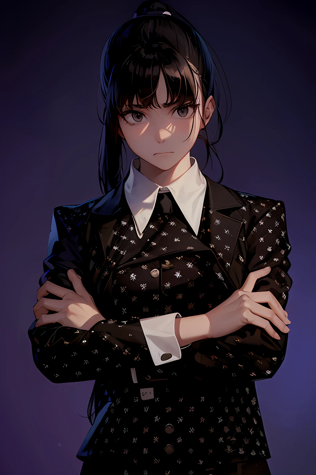 Black uniform, white collar, black long ponytail hair, black eyes, expressionless, neutral, Jenna Ortega