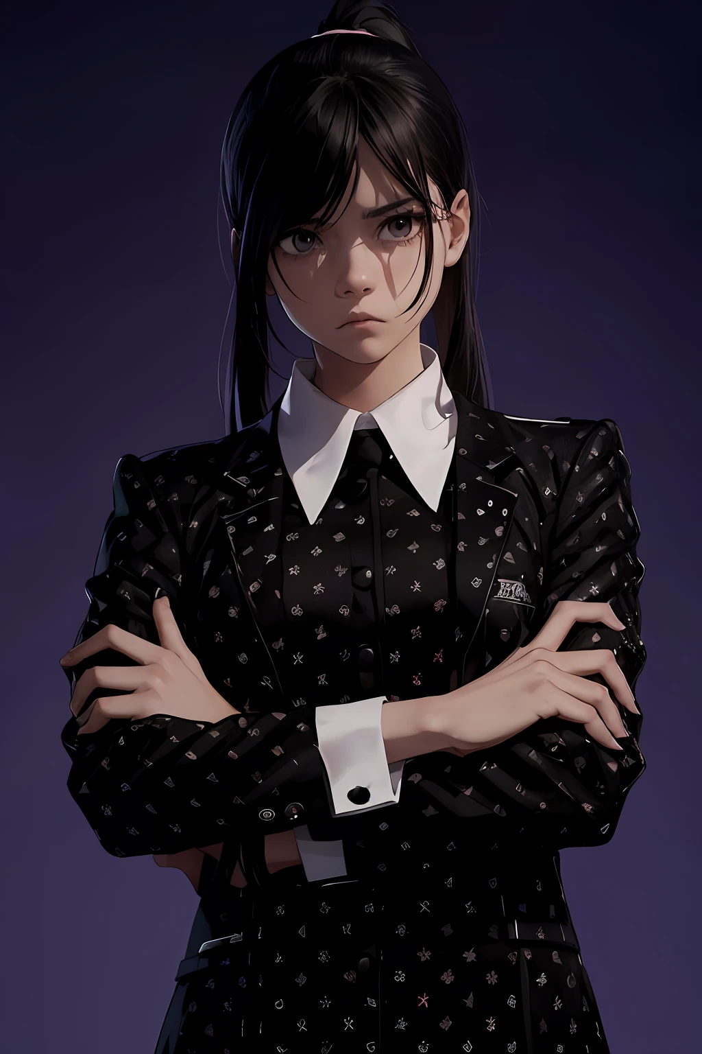 Black uniform, white collar, black long ponytail hair, black eyes, expressionless, neutral, Jenna Ortega, anime, horror