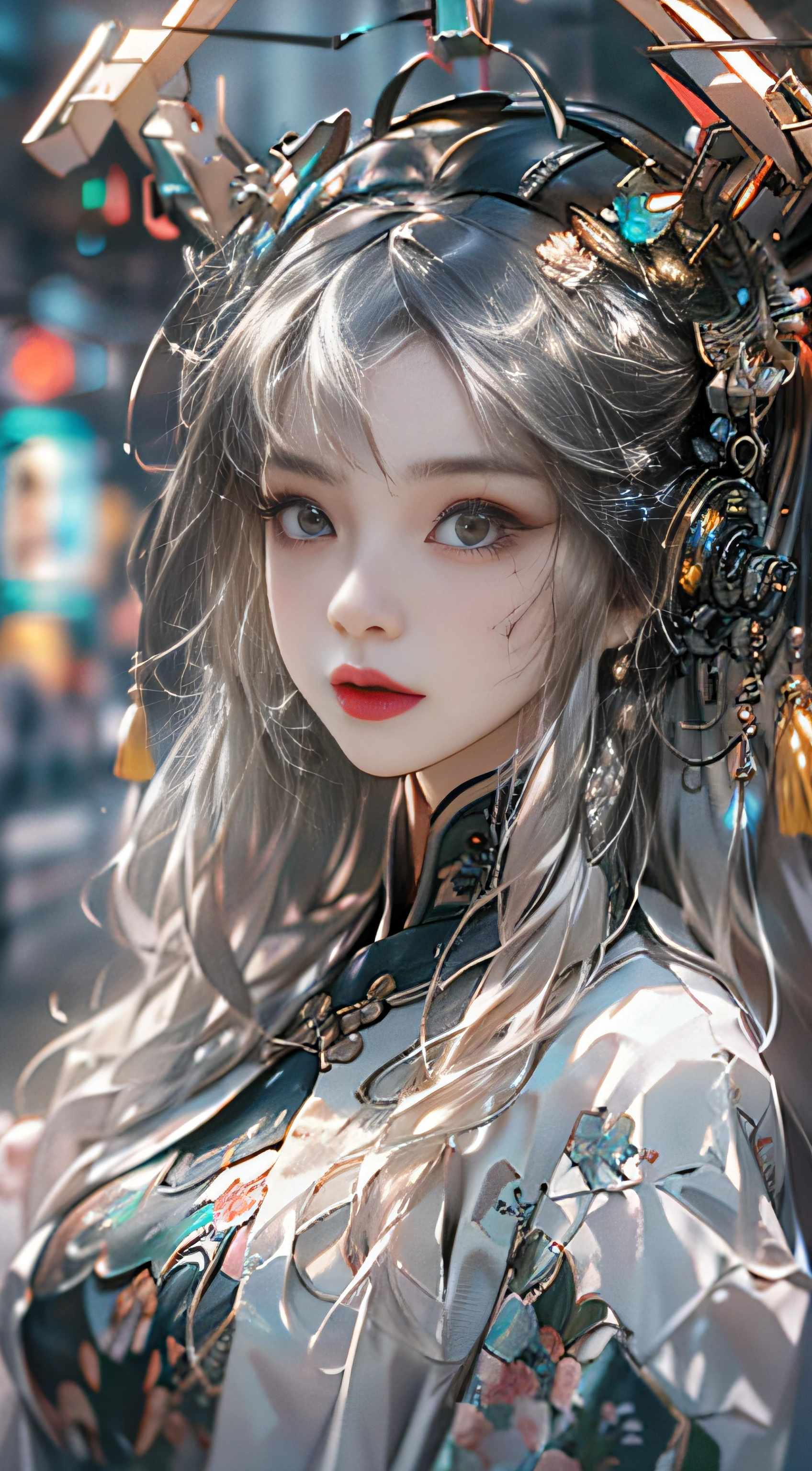 (Works of masters:1.5),(best qualityer:1.5),(Very fine detail 8K wallpaper:1.3),(Ultra-thin tail),Extremely fine details,hight contrast,complexdetails,Photon maps,physically-based renderingt,Best composition,full bodyesbian,cyber punk perssonage,dynamicposes,1girll,Elaborate Eyes,Brown eyes,eye shadows,putting makeup on,long whitr hair, 详细的脸, Detailed eyes, looking at viewert, blusher\(putting makeup on\), full pouty lips, Redlip,(long whitr hair:1.3), The upper part of the body, (Fingers are normal and natural)(standing on your feet)Mechanical static,Mechanical summoning,(hair adornments:1.1),head gear,Chinese outfit,on cheongsam,Cyberhanfu,Manteau blanc,城市,Ruins,Illuminated wire winding,glowing butterflies,cyberpunk lights:1.1),neonlight,Fully mechanical and futuristic elements,technologies,The background is a traditional Chinese street,china town, the street, Skysky, cyber punk perssonage, paper lanterns, Neon Super Resolution,(真实感:1.3),1(slim:1.2),dramatic lights,vibrant detail,Luxurious cyberpunk,the complex background,rendering by octane,8k,best qualtiy,tmasterpiece,illustratio,Extremely refined and beautiful,The is very detailed,CG,Wallpapers,(realisticlying,photo-realistic:1.37),astounding,finedetail,tmasterpiece,best qualtiy,offcial art,(natta:1.5)cowboy lens