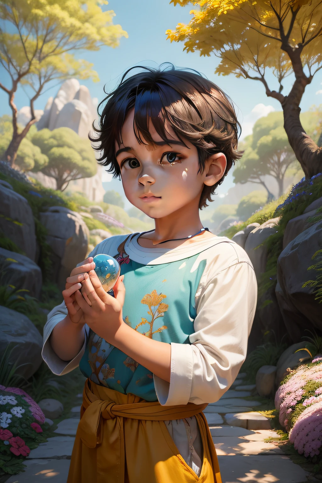 A boy with a precious stone in his hands, sentado no quintal de sua casa, a pedra brilha com cores vivas sob a luz do sol, Trees and flowers surround the yard, an atmosphere of wonder and wonder, Pintura, acrylic on canvas, --ar 16:9 --v 5.
