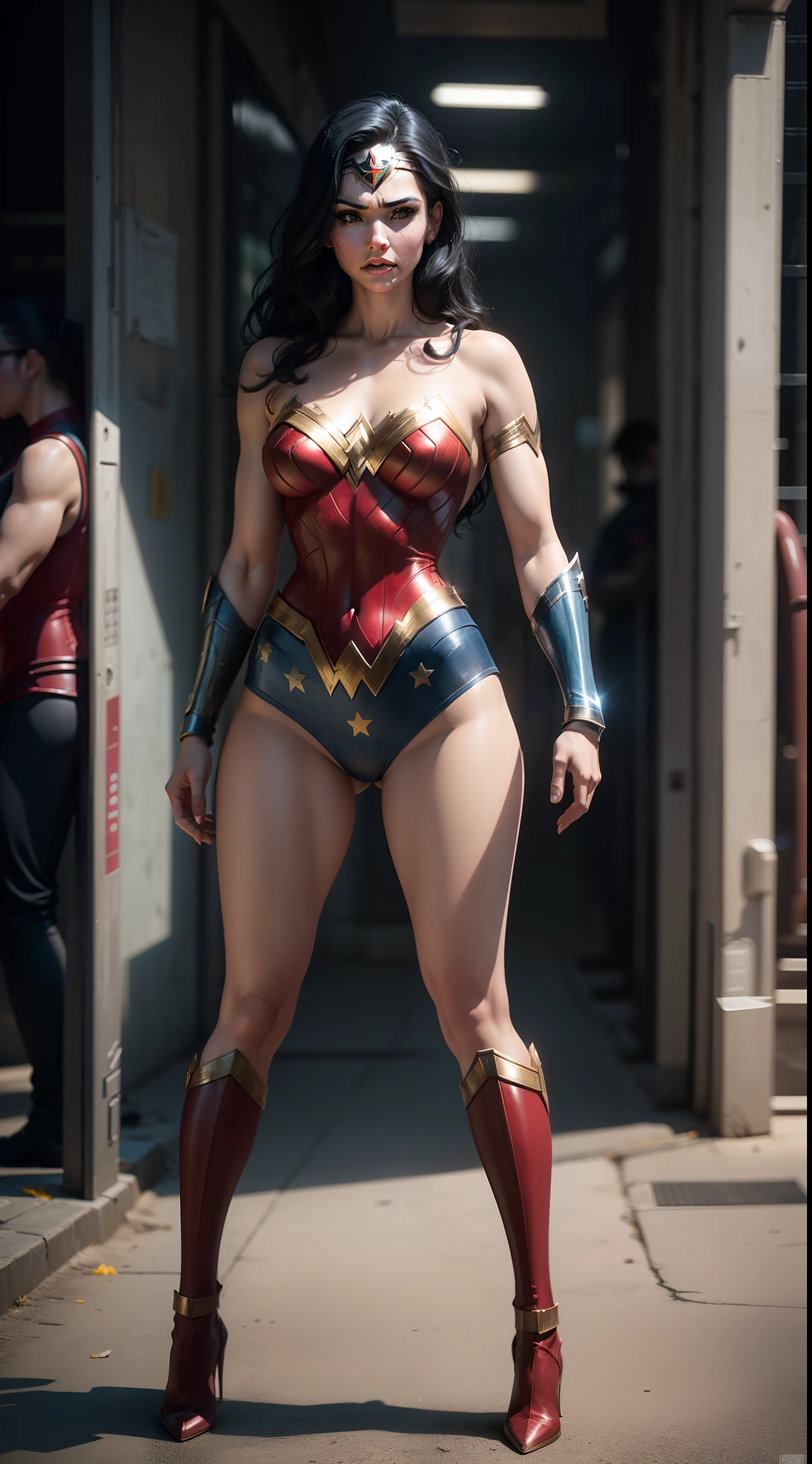 wonder woman, linda, traje estilo cyberpunk, standingn, ((corpo inteiro)), realista, alta qualidade