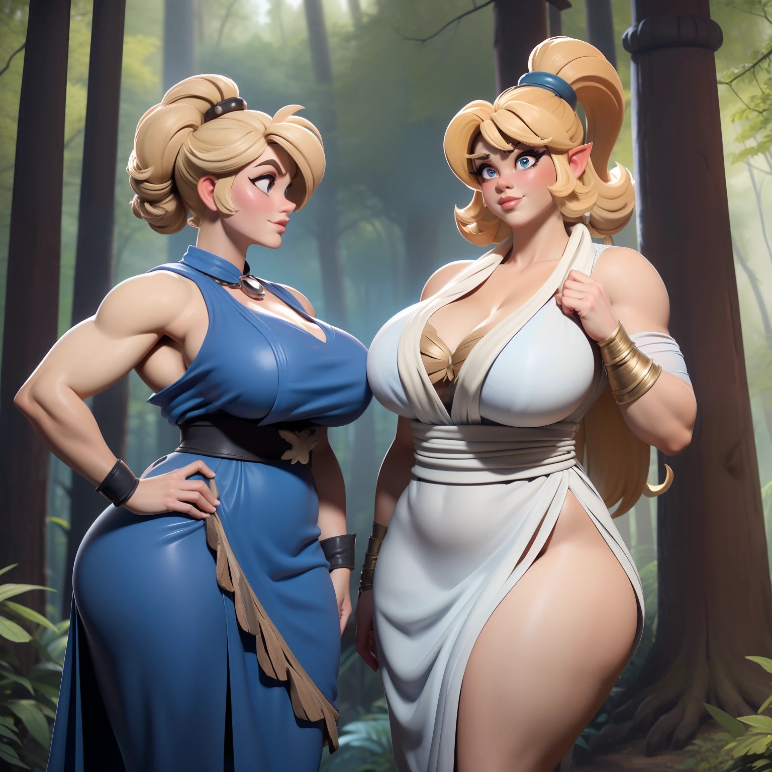 two gorgeous voluptuous  muscle women, ("Wilma Flintstone" with blonde hair and dressed in white rustic toga), ("Betty Rubble" with black hair and dressed in blue rustic toga), delicate face, delicate hands, musculous body, musculous arms, musculous legs, perfect big breasts, wide hips, in a jurassic forest