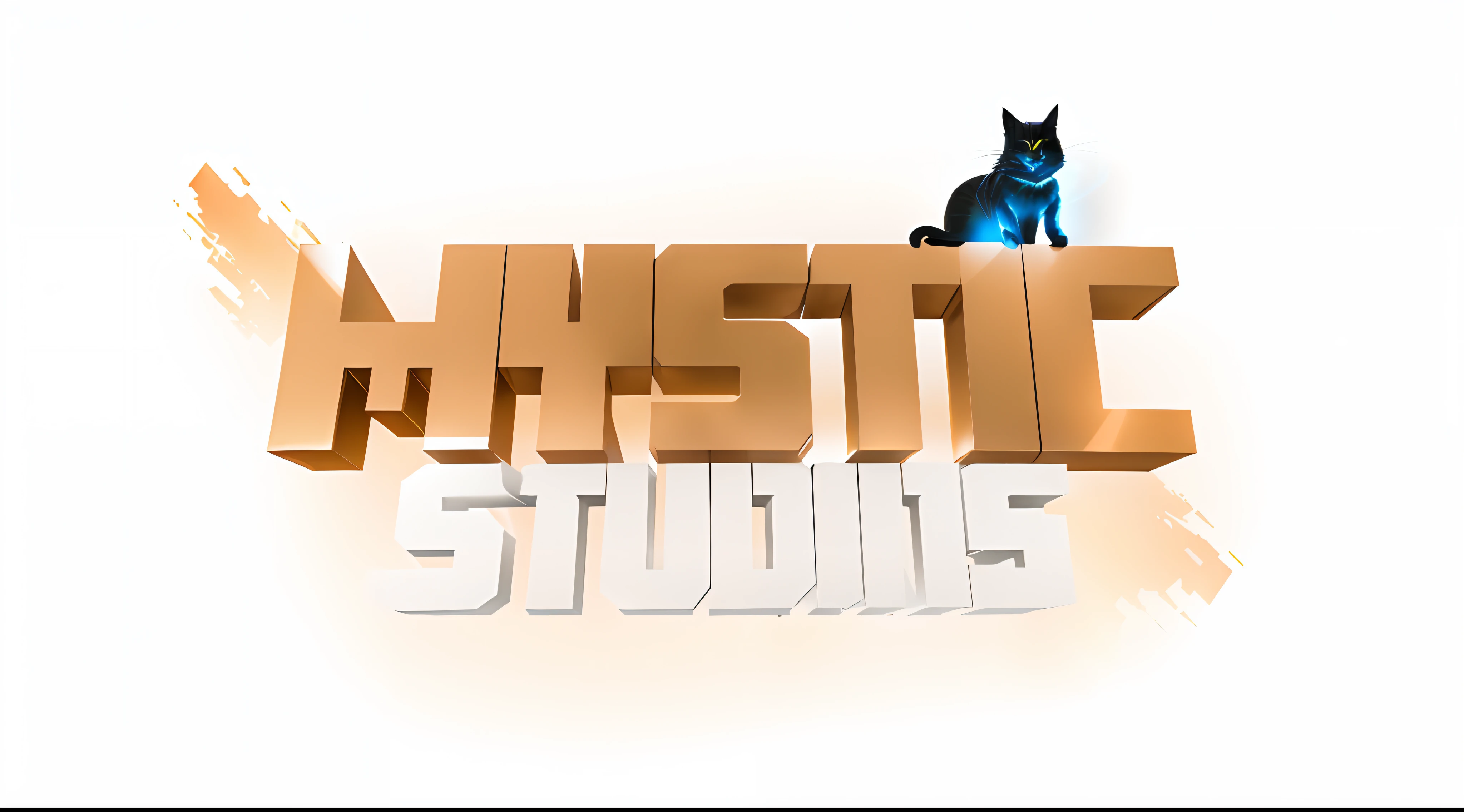 There's a cat sitting on top of a sign that says Hystist Studio, stylistic lighting, mystique, stylized 3 d graphics, (octan render) estilo fantasia, fantastic artstyle, aesthetic octane render!, stylized as a 3d rendering, hiper reallistic, Avatetsuya Studios, realista estilo 3d, Caustic shadow illumination