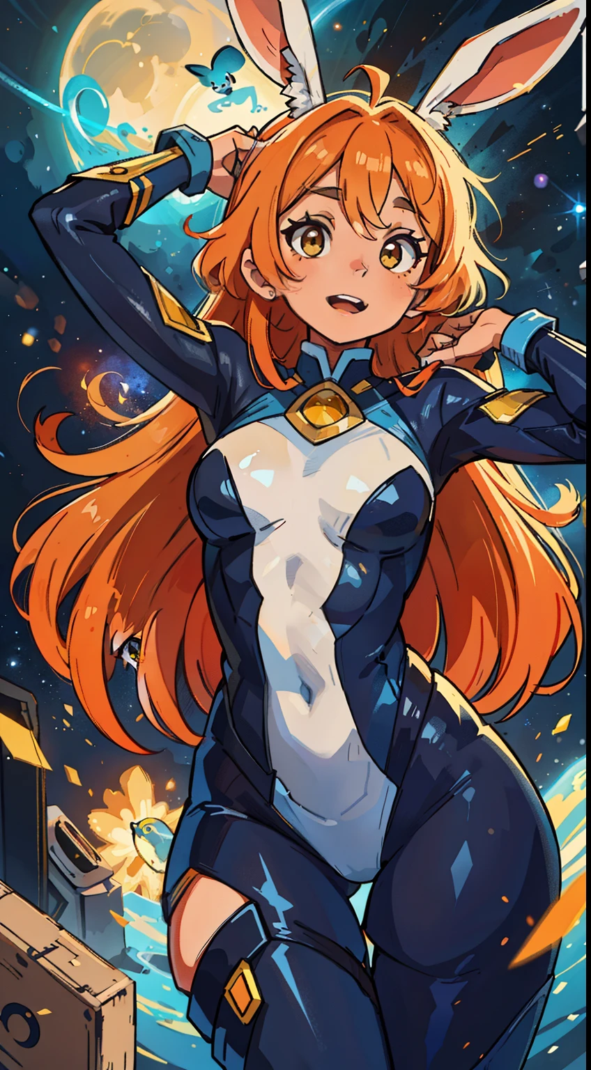 Woman – rabbit with blue and yellow eyes, em um traje de banho azul, cabelo laranja longo, long messy hair with rabbit ears, orelhas de coelho da mesma cor, dandy espacial, space hero, galactic hero, female anime hero, sorriso pequeno, pernas longas, medium bust, figura feminina. 8k, (foto RAW, melhor qualidade), (Beautiful Composition, coerente: 1.3) belos olhos detalhados, olhos e rosto extremamente detalhados, anatomia perfeita, Amazing Camel Toe, um rosto extremamente delicado e bonito, grandes olhos azuis redondos, long messy orange hair, natural  lightting, cinematografic,